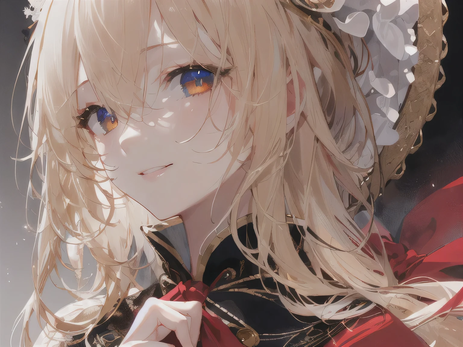 ((best quality)), ((masterpiece)), (detailed face and eyes), detailed hands and fingers, perfect face, accurate, textured skin, high details, blonde hair, gradient hair, hair between eyes, hair over shoulder, big hair, hair over eyes, hair flaps, mole under eye, tareme, smile, Expressionism, anime, sparkle, Pastel art, wizard, wizard hat, black cloak, red ribbon, Magic that emits light, Torrent of Light, wide shot, vanishing point