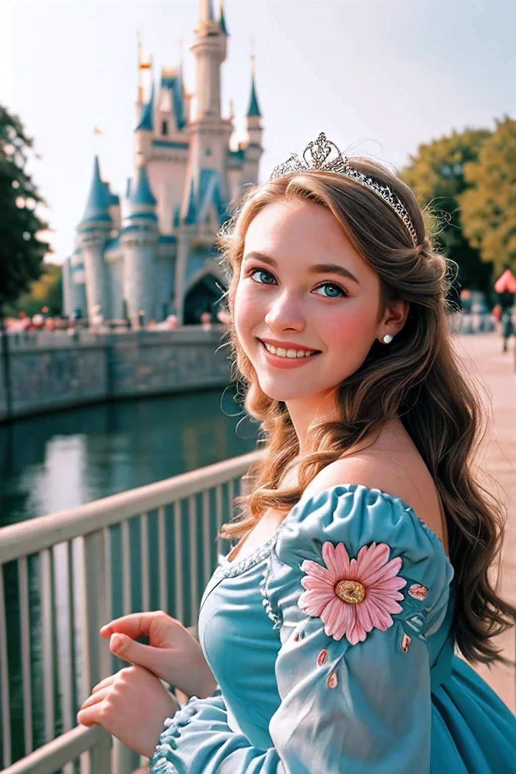 Fashion Editorial. Castle and floral edition ,  analog fashion portrait. Portra 400 high dpi scan. Very Beautiful top model young  , twenty years old as Disney  princess Cinderella ,tender smile, open gray eyes,  Disney Cinderella castle as background  , sepia pastel colors , morning soft light