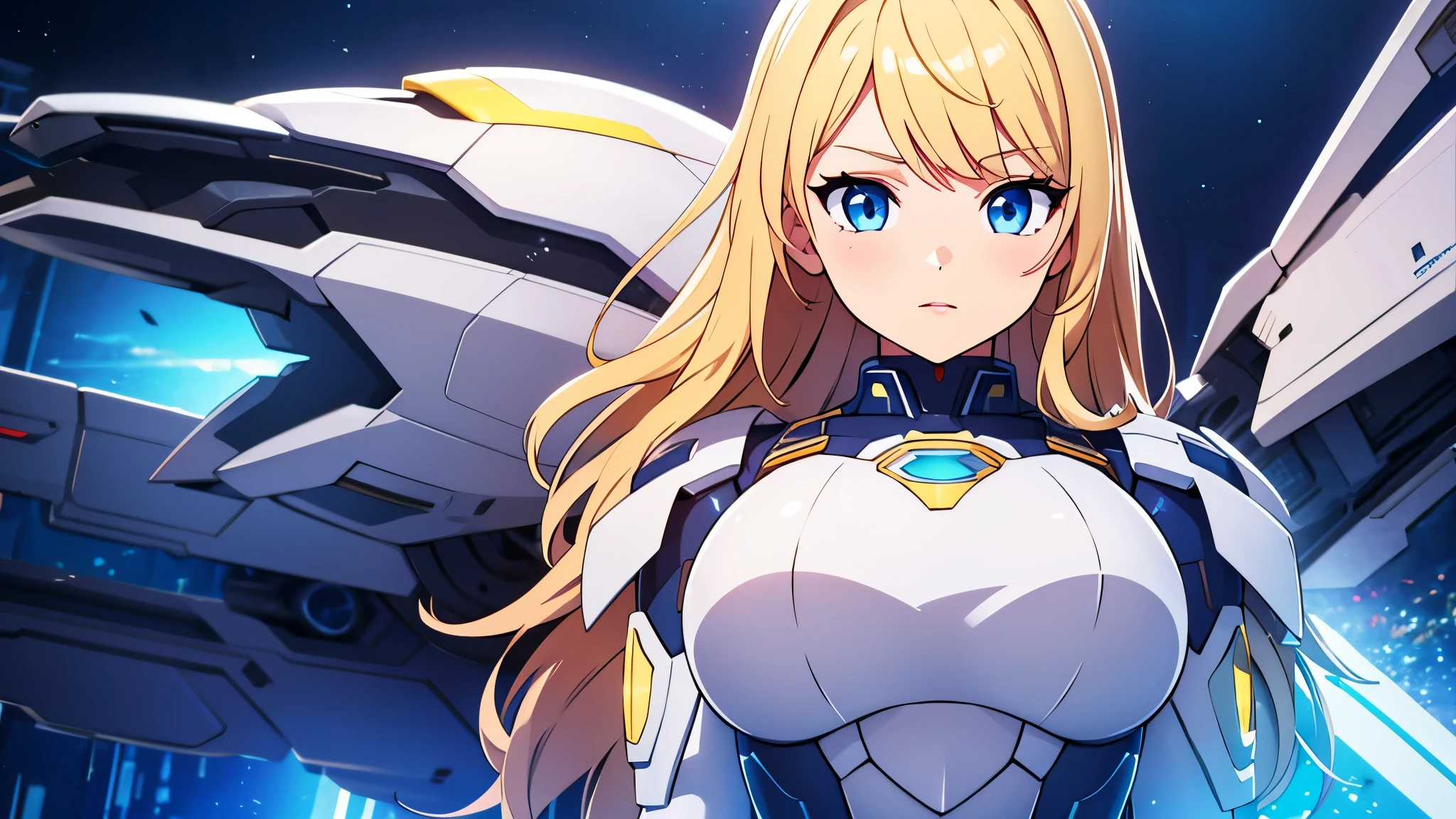 a mecha style magical girl, blond hair, blue eyes, beautiful detailed eyes, beautiful detailed lips, extremely detailed face, long eyelashes, detailed mecha armor, futuristic sci-fi setting, cinematic lighting, vivid colors, highly detailed, 8k, photorealistic, masterpiece