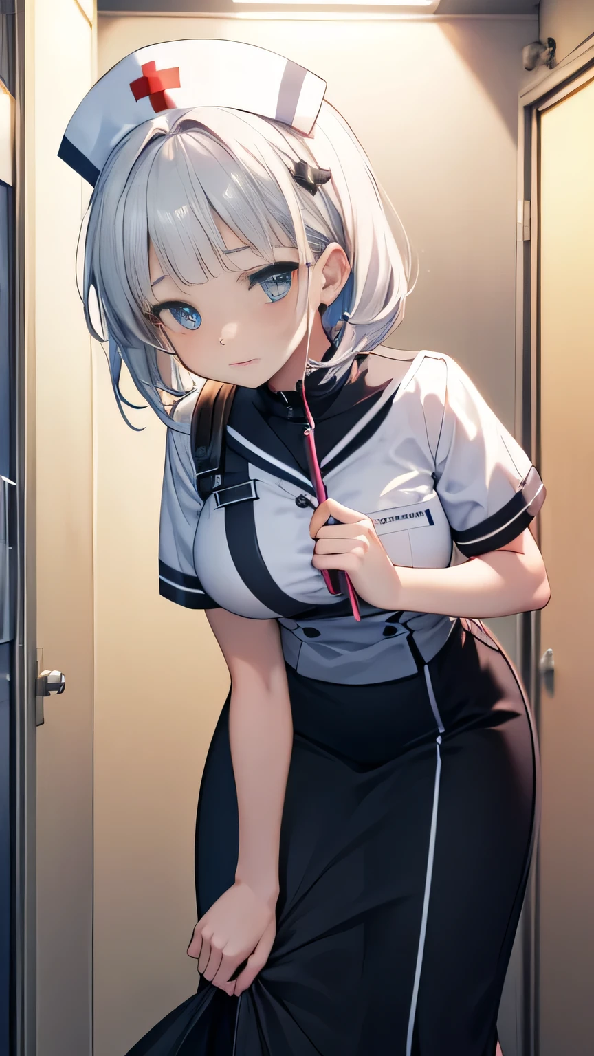 (Highly detailed CG Unity 8k wallpaper),(masterpiece), (highest quality), (Super detailed), (Best illustrations),(Best Shadow), Large Breasts White Hair Nurse uniform Hospital room Bending over and holding a thermometer Make it visible to your audience