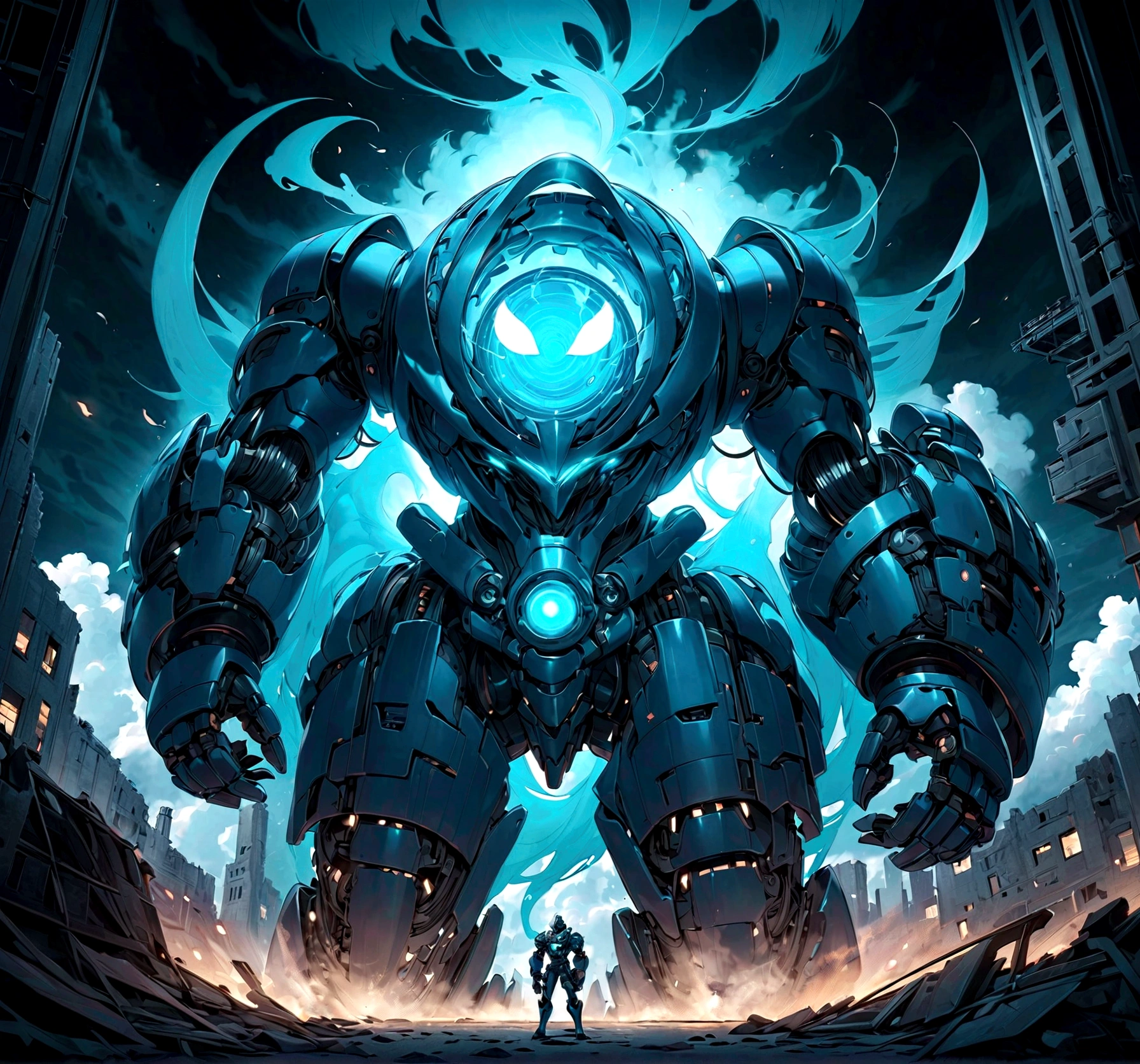 solo, super robot, Evil villains, giant robots that destroy the world, Turquoise blue main color, holy mecha with winds clouds, a Biotechnology mecha with face and glowing eyes, golem creature, dusty dark ruins as background, mecha vore art epic digital painting, epic full color illustration