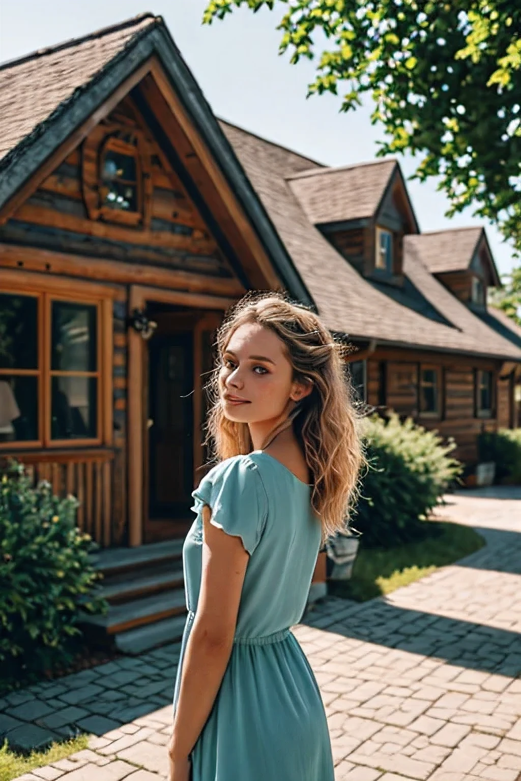 A beautiful woman with light delicately filtering through her hair, her summer dress is beautiful and she's standing in front of a cottage
