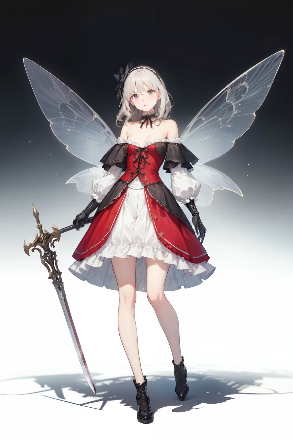  ((best quality)), ((masterpiece)), (detailed), 1girl, off-shoulder, Character design, female, long white grey hair, grey white eyes, small frame, very skinny, detailed, best quality, no accesoires around the neck, no shoes, prominent collarbones, skinny arms, flat stomach, visible hip bones, full body, blank white background, plain background, white background, red and white clothing, Bloodborne inspired, occult aesthetic, occult, detailed and intricate steampunk and detailed gothic, NSFW, Very dramatic and cinematic lighting, cosmic horror, grim-dark, side-lighting, perfect face, NSFW, Fluttering lace flared long knee length dress with frilly petticoats, knee length dress, pleated petticoats, petticoats gothic, complex lace boots, side-lighting, gothic ****ta aesthetic, wielding a mighty sword with mechanical components, various different types of insect wings, NSFW, full body, whole body, body, plain background, white background, blank background, no background, white background NSFW, chains, full body, whole body, head-to-toe NSFW 