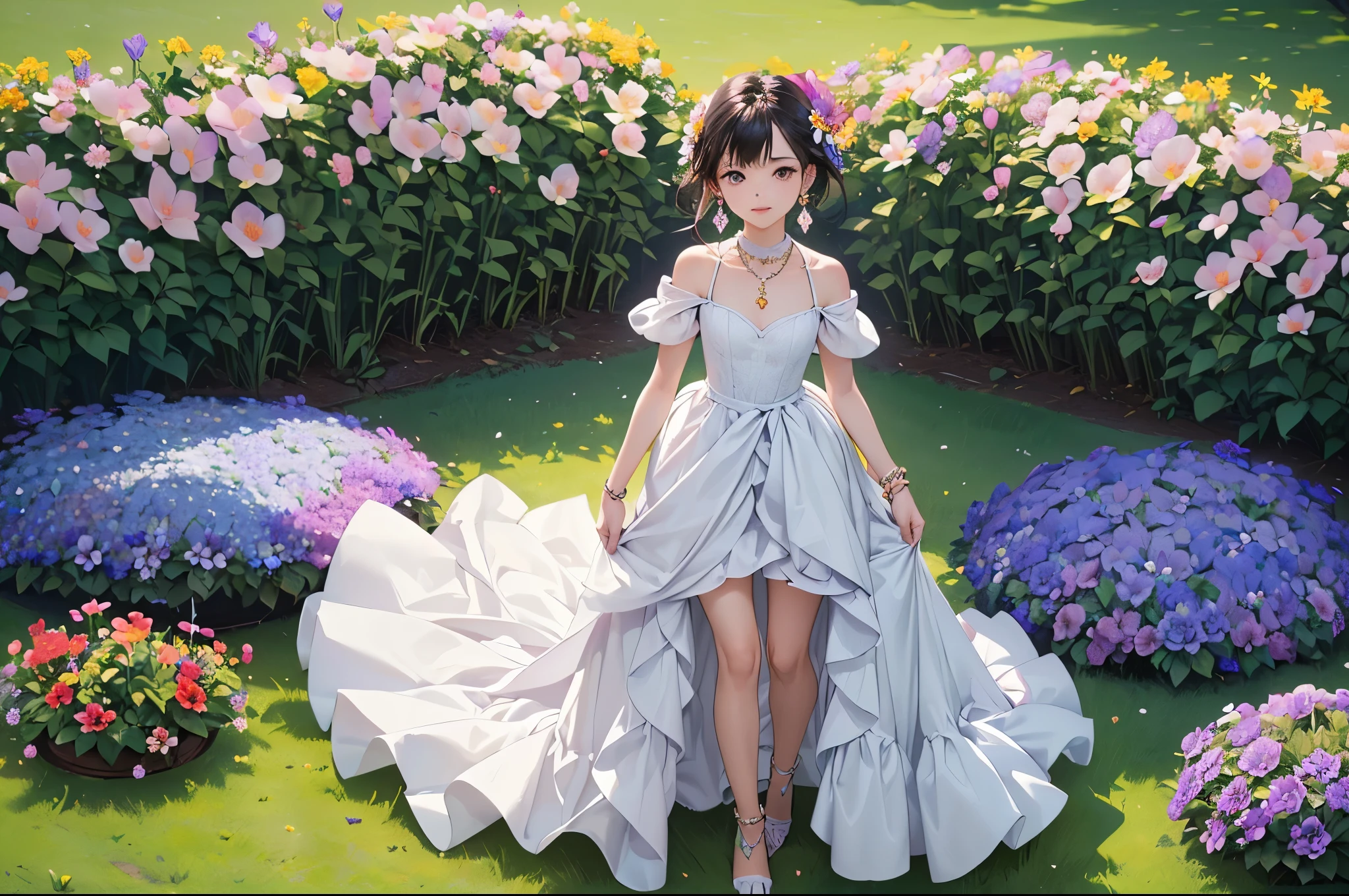 ((Biologically correct limb count))、((Full Body Shot, Full-body photo including face、Head to toe photos))、4K、masterpiece、((Focus on the face))、((Symmetrical facial features))、Eyes of meticulous depiction、One beautiful woman、Excellent style、(stockings、High heels with anklets)、Detailed Description、Small earrings、necklace、(Low - Angle)(((The background is a flower bed in full bloom)))