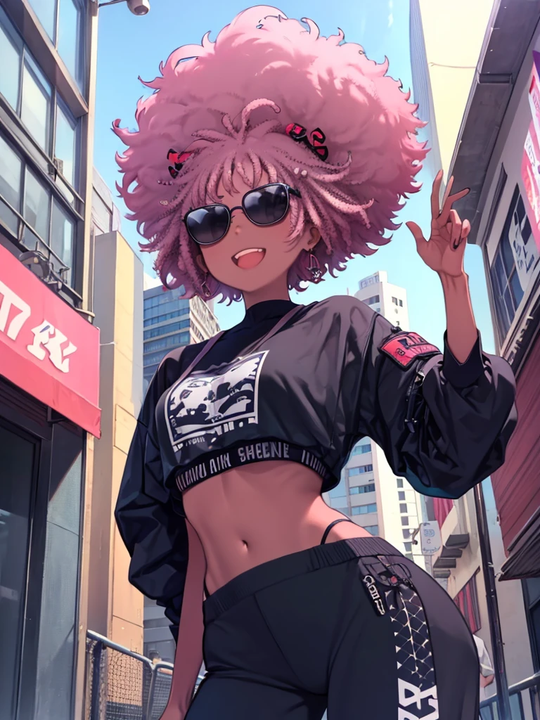 One Girl、Dark Skin、((Afro Hair))、Hip Hop Dance、Street fashion、sunglasses、(Yay!)、Around Los Angeles、Angle from below、