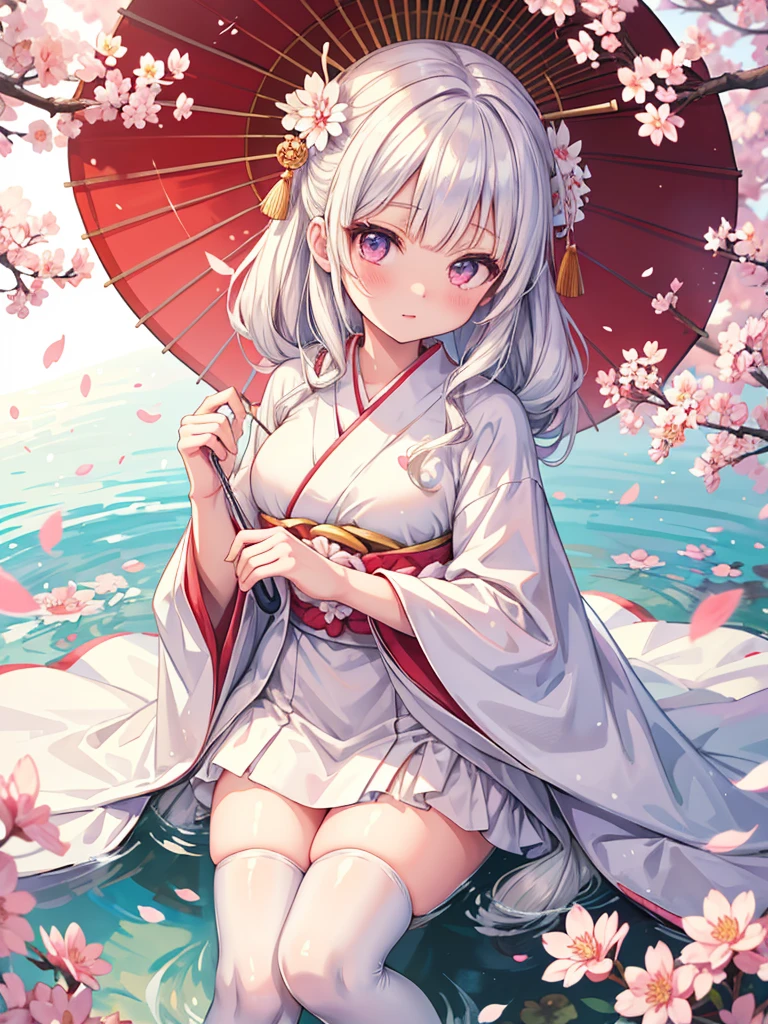 anime girl in white dress with umbrella and leaves in water, white haired deity, anime goddess, sakura kinomoto, shikamimi, in kimono, flowing white robes, autumnal empress, ecchi anime style, sakura petals around her, anime barbie in white stockings, seductive anime girl, in a kimono, ((wearing aristocrat robe)), my dress up darling anime