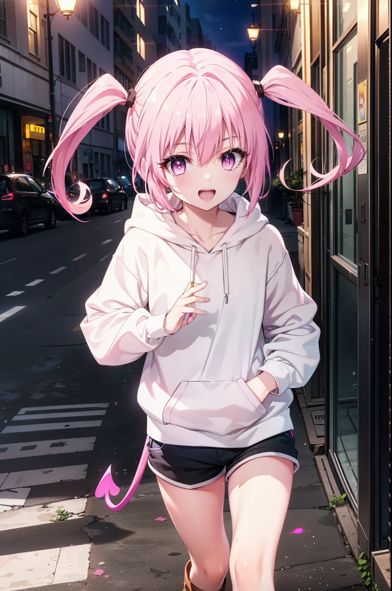  devil,  That deviluke, One Girl,teeth, Long Hair, (Pink Eyes:1.5), Pink Hair, tail, Twin tails, (Flat Chest:1.2),tail,happy smile, smile, Open your mouth,
break demon tail,  Oversized hoodie,Shorts,Black knee socks,short boots,walking,whole bodyがイラストに入るように,
break outdoors, city,construction area,
break looking at viewer, whole body,
break (masterpiece:1.2), highest quality, High resolution, unity 8k wallpaper, (shape:0.8), (beautiful detailed eyes:1.6), extremely detailed face, Perfect lighting, extremely detailed CG, (Perfect hands, Perfect Anatomy),