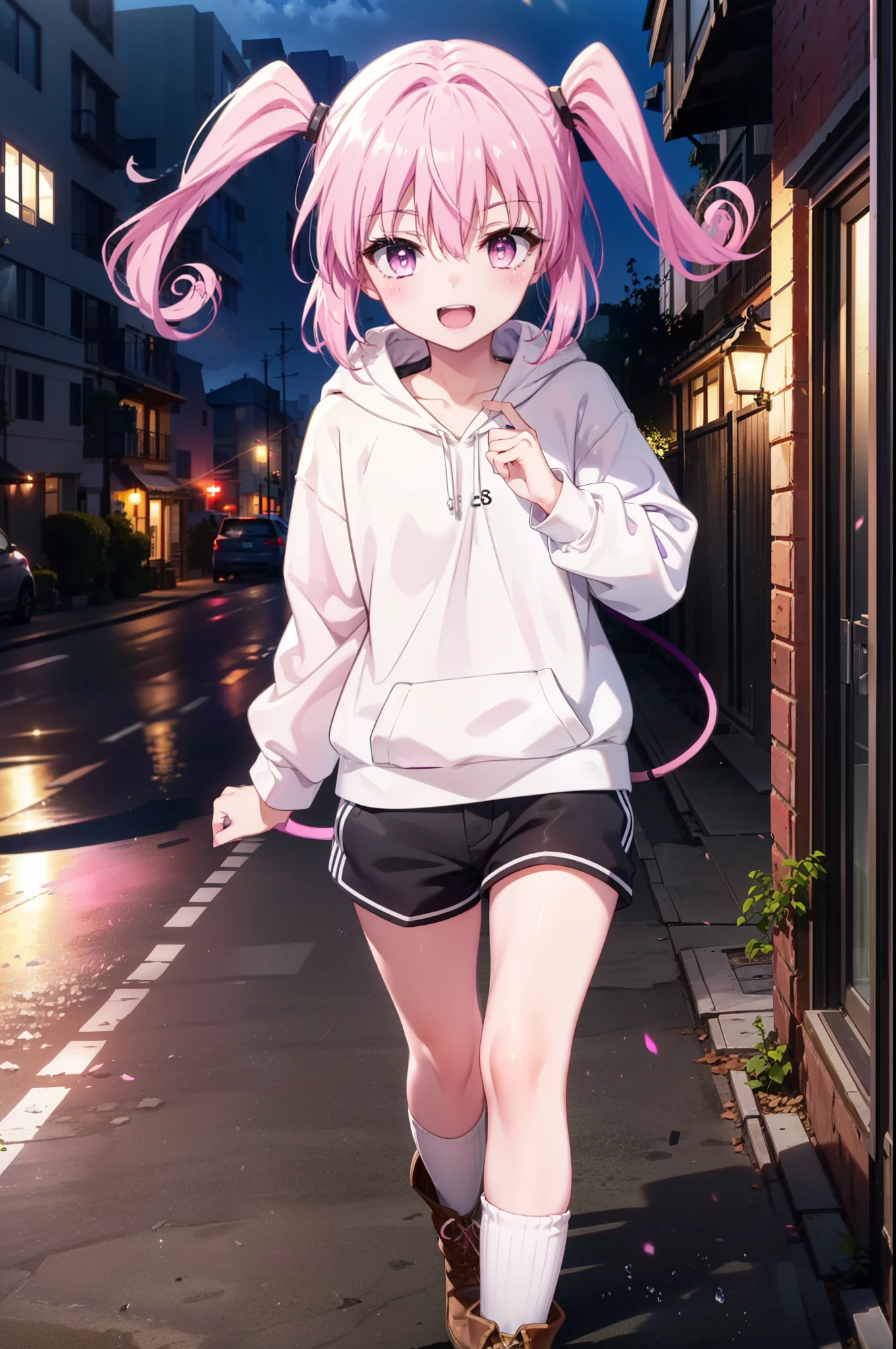  devil,  That deviluke, One Girl,teeth, Long Hair, (Pink Eyes:1.5), Pink Hair, tail, Twin tails, (Flat Chest:1.2),tail,happy smile, smile, Open your mouth,
break demon tail,  Oversized hoodie,Shorts,Black knee socks,short boots,walking,whole bodyがイラストに入るように,
break outdoors, city,construction area,
break looking at viewer, whole body,
break (masterpiece:1.2), highest quality, High resolution, unity 8k wallpaper, (shape:0.8), (beautiful detailed eyes:1.6), extremely detailed face, Perfect lighting, extremely detailed CG, (Perfect hands, Perfect Anatomy),