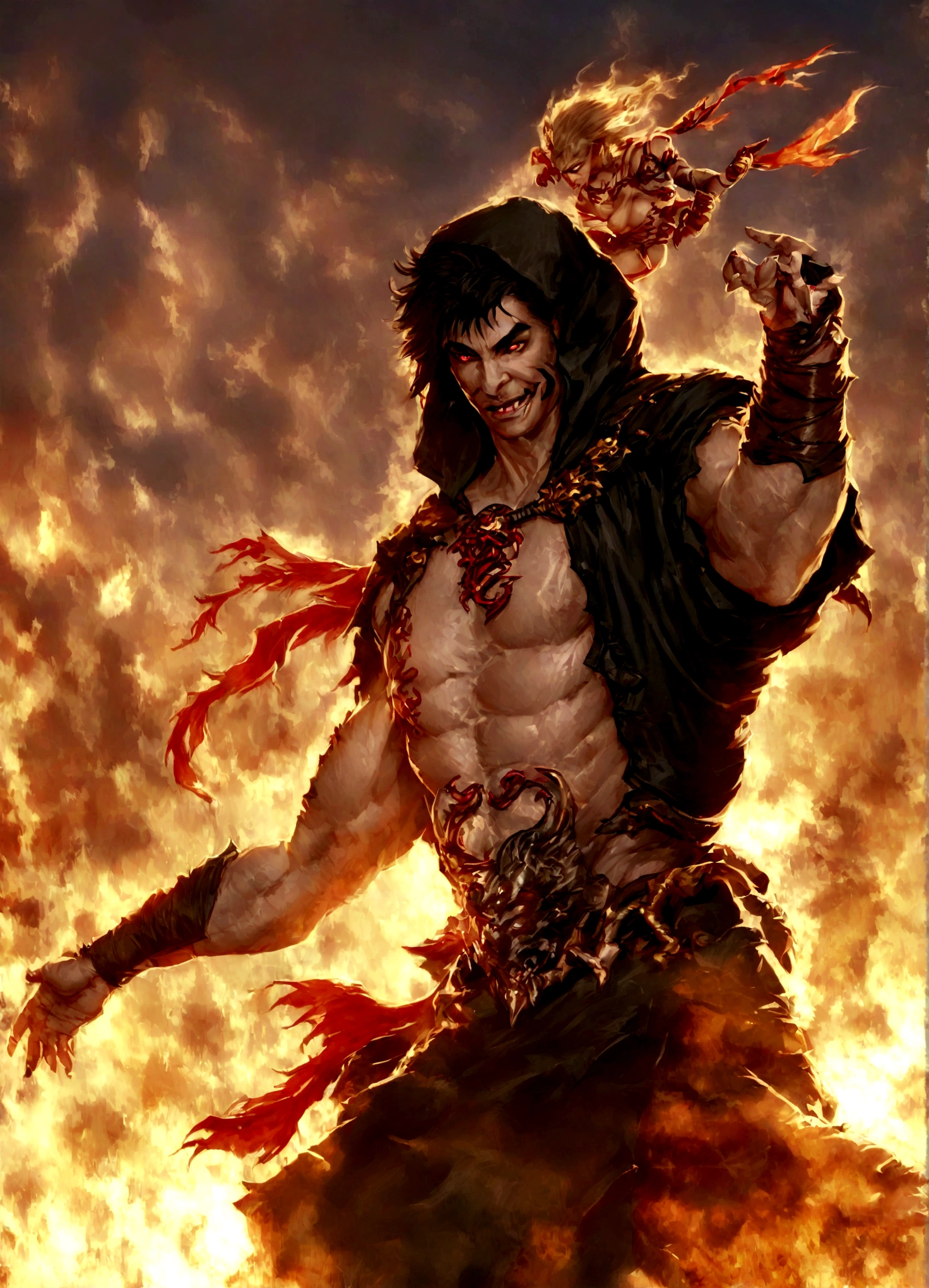 black cloak, red eyes and red lines on cloathing, wearing a hood, intimidating apperance, mascular, male djinn man demon hybrid, rpg character, djinn man male demon, d&d dark monk character art, rpg character art, monk, fighting fantasy style image, dnd fantasy character, monk class, warrior dnd character, dungeons and dragons character