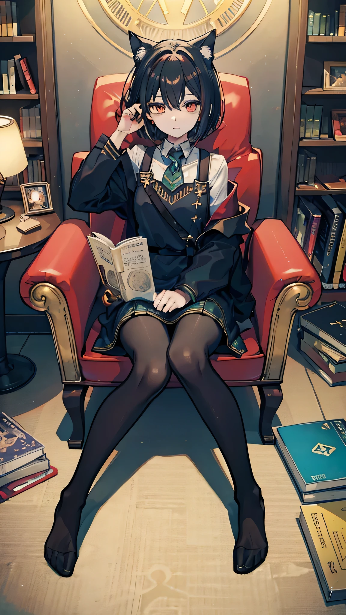 fantasy,wizard,androgynous cat girl,Black hair,Short bob cut,amber eye,sleepy,from front,{{{sitting chair}}},Black pantyhose,night,Round library,World Tree,celtic,