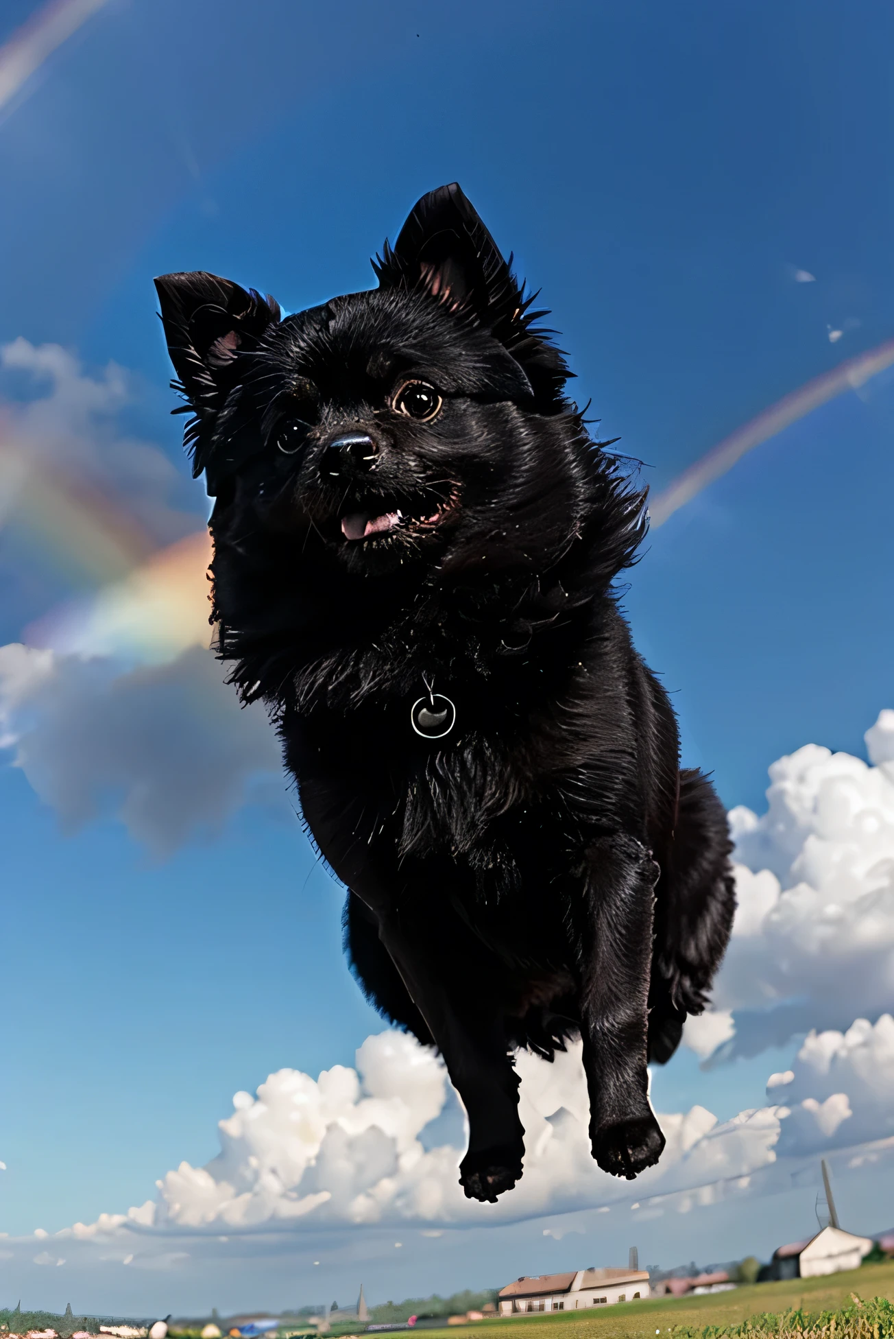 black Pomeranian flying in the sky with rainbow