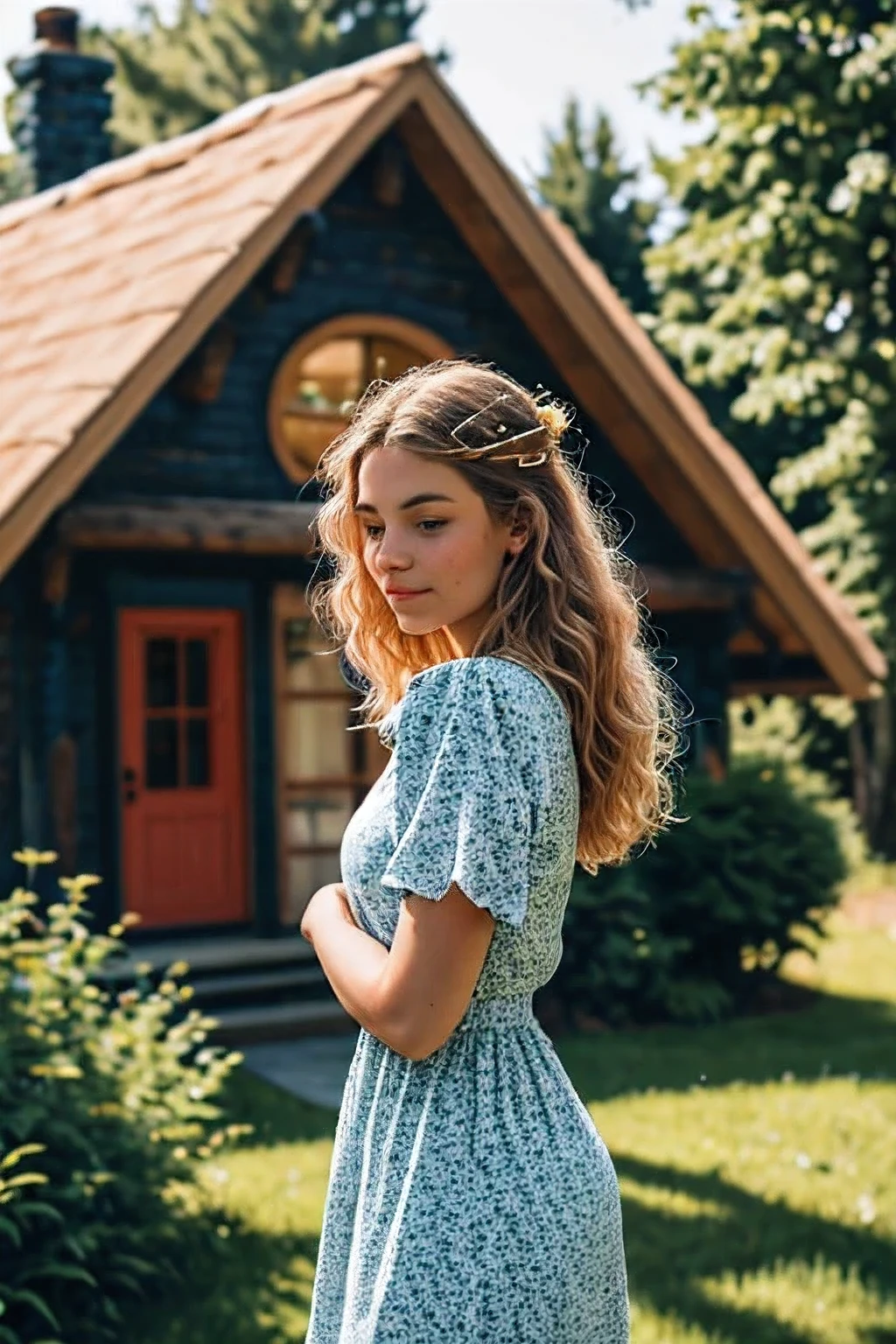 A beautiful woman with light delicately filtering through her hair, her summer dress is beautiful and she's standing in front of a cottage