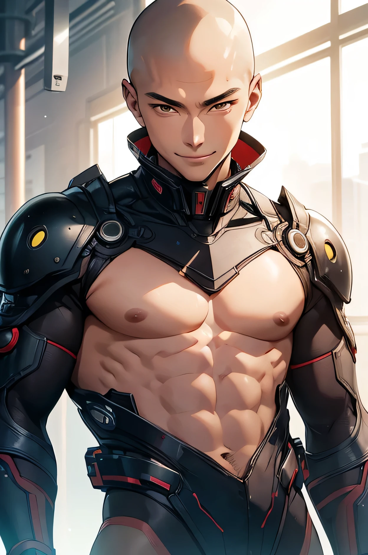 Handsome Japanese 19 years old Beautiful boy Shaved head smile Tight rubber suit Half naked Upper body nude Shaved head smile SF future universe Science fiction