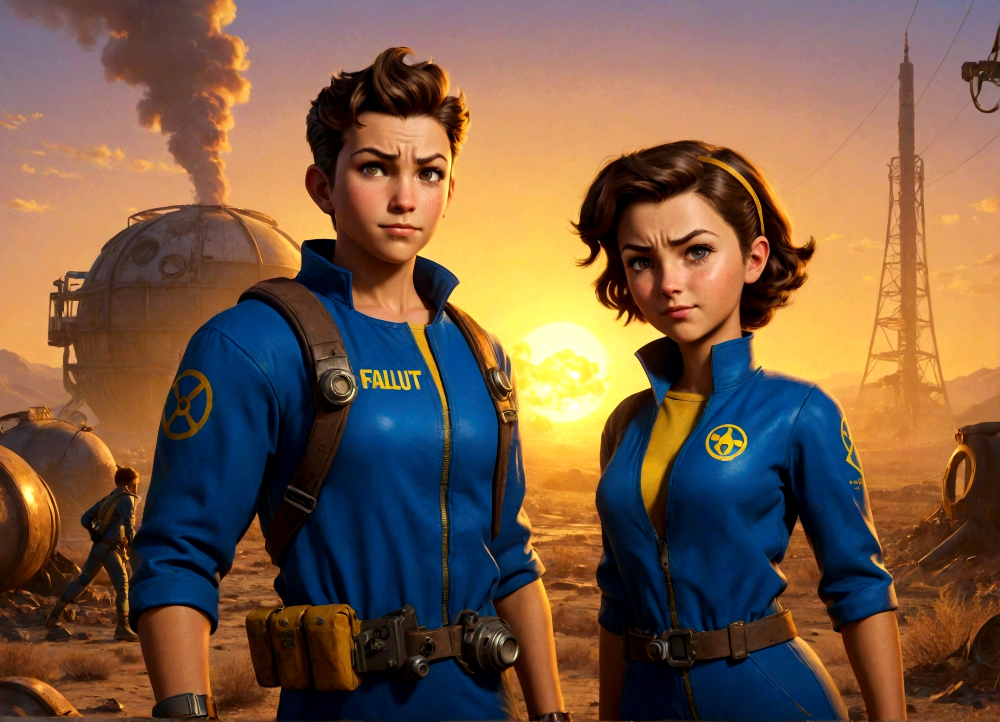 1 boy and 1 girl, expressive eyes, wink, in fallout Vault-Tec jumpsuit with pip-boy 3000 , cool pose, wasteland in sunset and nuclear bomb explosion in background, detail richness, masterpiece, best quality, fallout style