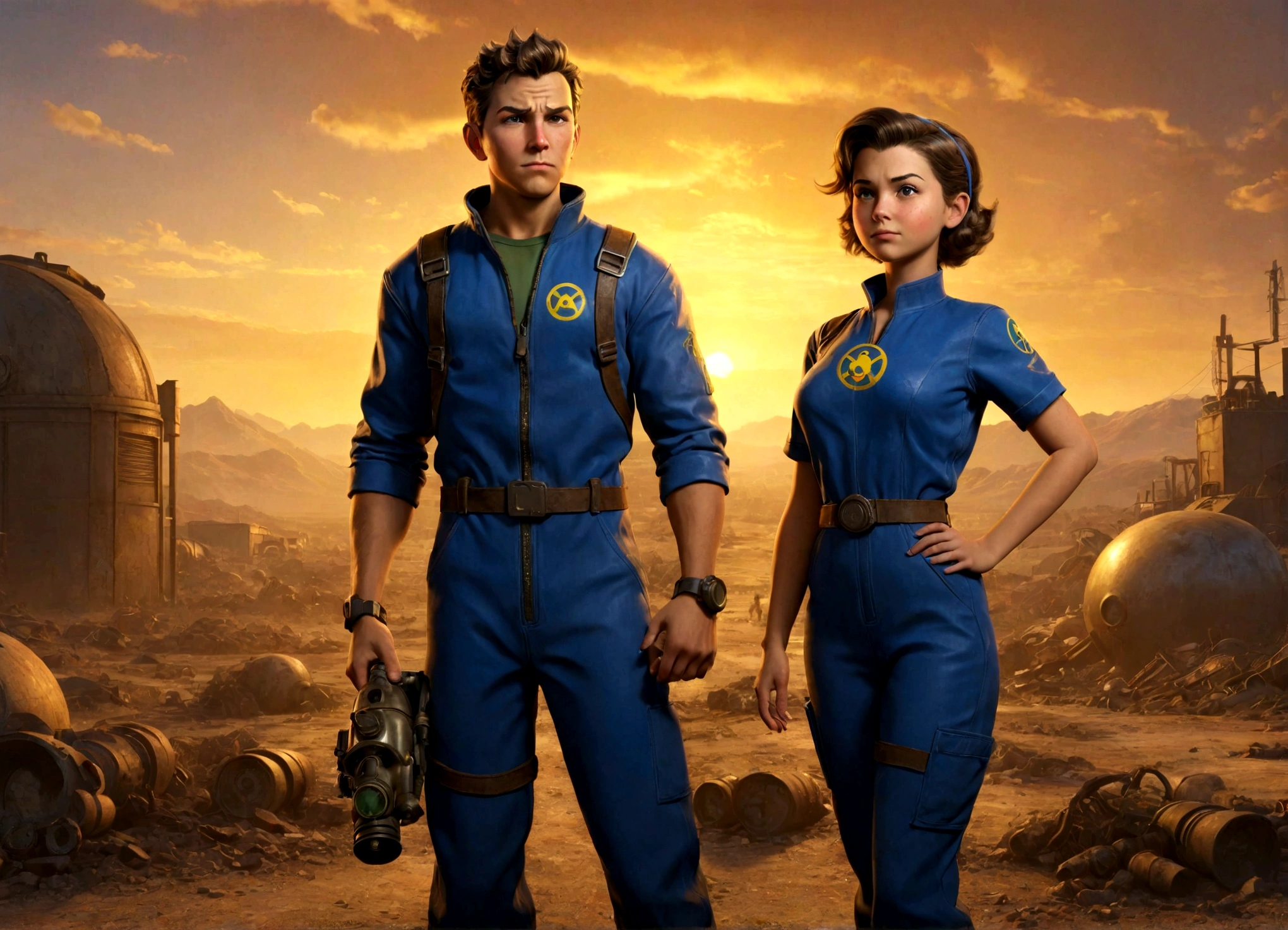 1 boy and 1 girl, expressive eyes, wink, in fallout Vault-Tec jumpsuit with pip-boy 3000 , cool pose, wasteland in sunset and nuclear bomb explosion in background, detail richness, masterpiece, best quality, fallout style