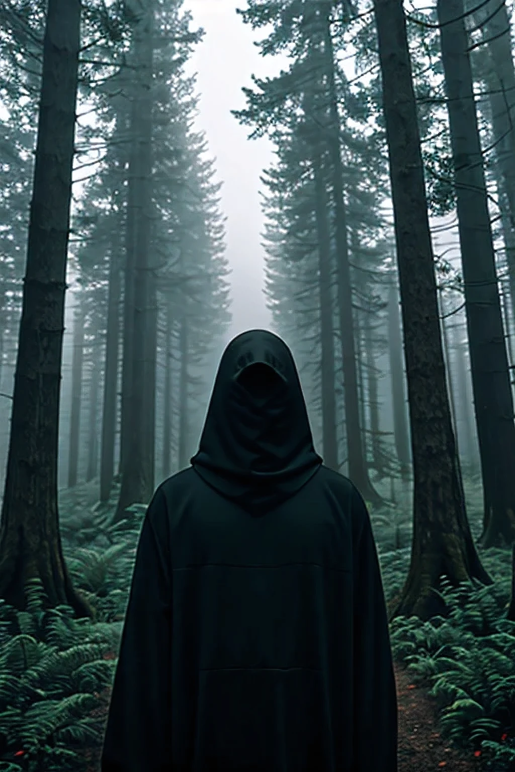 In the forest, a man with a black hood covering his face, who has raised the homeland to the sky, and behind him, mist