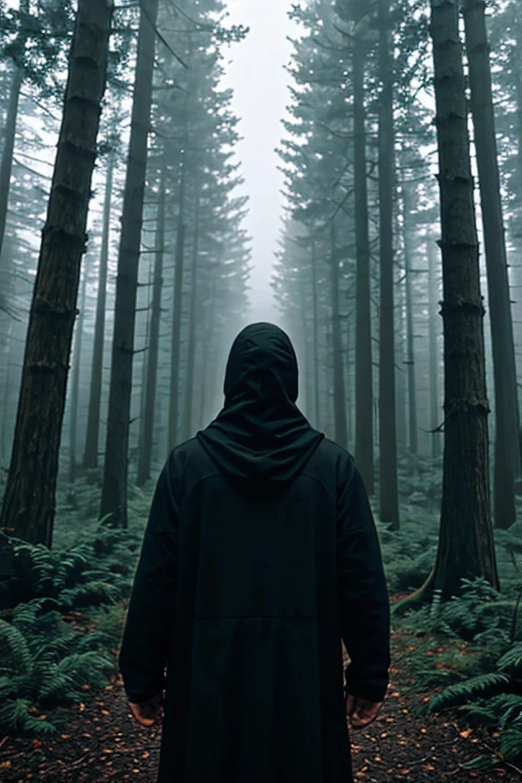 In the forest, a man with a black hood covering his face, who has raised the homeland to the sky, and behind him, mist