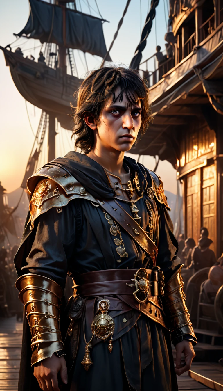 As the sun began to set, The warm golden hues of the sun illuminated his ornate attire, casting a warm glow across the area, Julius Caesar writing poetry on a pirate ship, background dark, hyper realistic, ultra detailed hyper realistic, photorealistic, Studio Lighting, reflections, dynamic pose, Cinematic, Color Grading, Photography, Shot on 50mm lens, Ultra-Wide Angle, Depth of Field, hyper-detailed, beautifully color, 8k, golden light from the front,