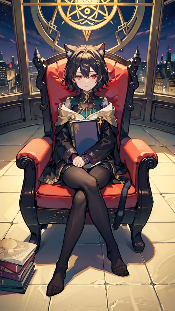 fantasy,wizard,androgynous cat girl,Black hair,Short cut,amber eye,sleepy,from front,{{{sitting chair}}},Black pantyhose,night,Round library,World Tree,celtic,