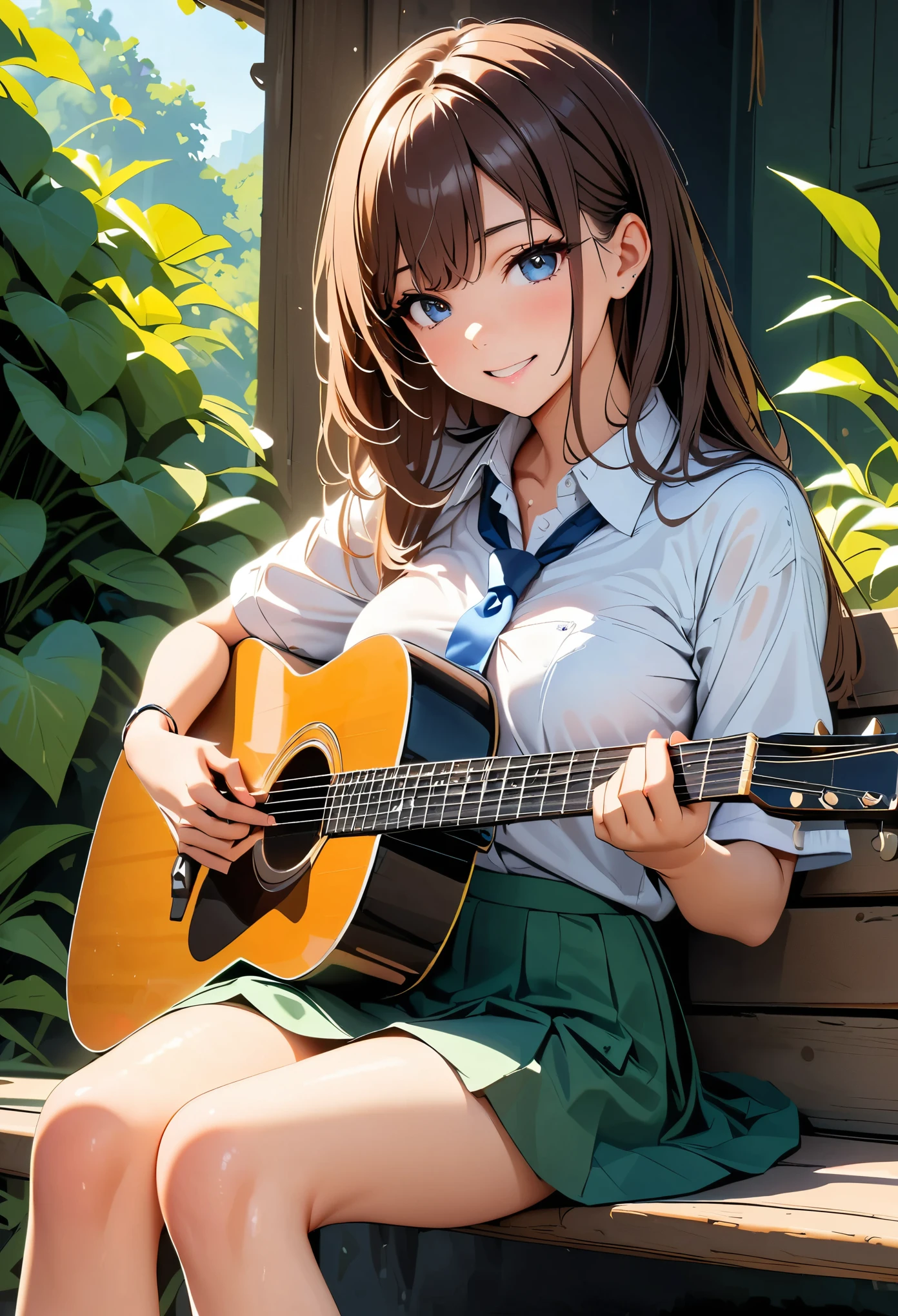 (high quality, 8k, 4K, High Contrast, masterpiece:1.2, 最high quality, Best aesthetics), ((1 female)), Beautiful school girl playing guitar, jk, Beautiful detailed eyes, Beautiful detailed lips, 非常にDetailed faceと肖像画, uniform, shirt, Blue tie, Loose tie, Long brown hair, Detailed face, Smiling expression, Sitting on a garden bench, wood々Sunlight flowing between, Fine Art Digital Painting, HDR, Bright colors, Soft lighting, Natural light.
