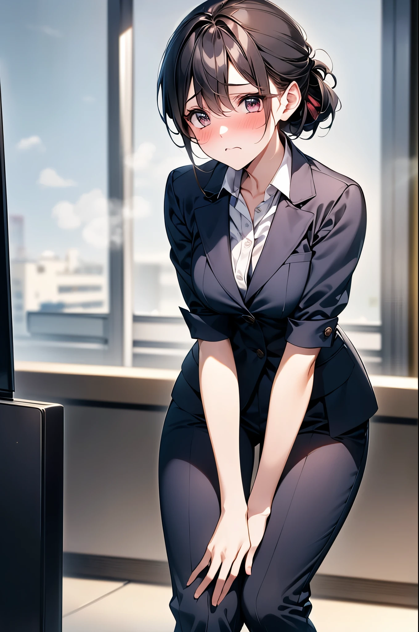 (1 person、solo), Beautiful woman, Anatomically perfect body, Slender、blouse，(office lady、pants suit:1.1), (Hands between legs), Leaning forward、Are standing、(Look down:1.2), 20-year-old、(highest quality)、Black Hair, (half updo)、(8k, High resolution)、(shy:1.4)、(steam:1.1), (embarrassed:1.3), multiple angles、(Inner thighs)、(Close ~ eyes)