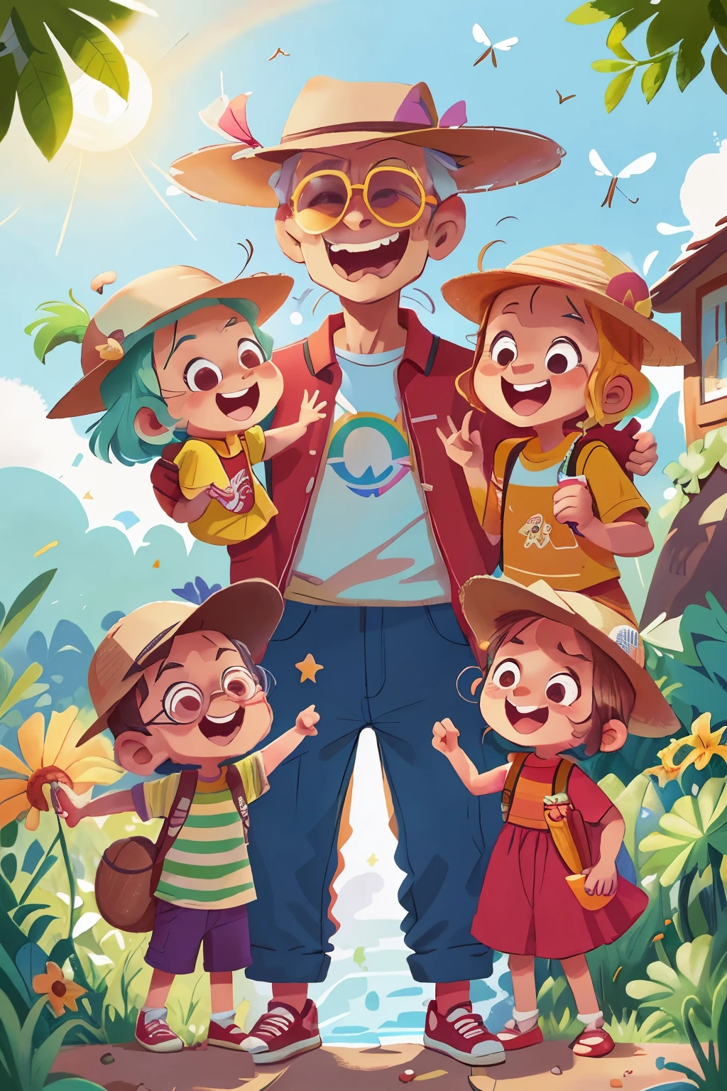 Title: "Grand Adventures with Grandparents: A Rainbow-Filled Comic Journey for Children (Ages 6-)"
This delightful, vibrant, and cheerful children's book cover features a lively scene of a family of four embarking on an exciting holiday with their grandparents. The young characters, with curious expressions, are shown in the backseat of a classic red VW campervan, adorned with funny motifs like cartoon waves, suns, and smiling clouds.
The grandparents, both decked in sunglasses and summer hats, are laughing heartily at the antics of their grandkids. In the fore