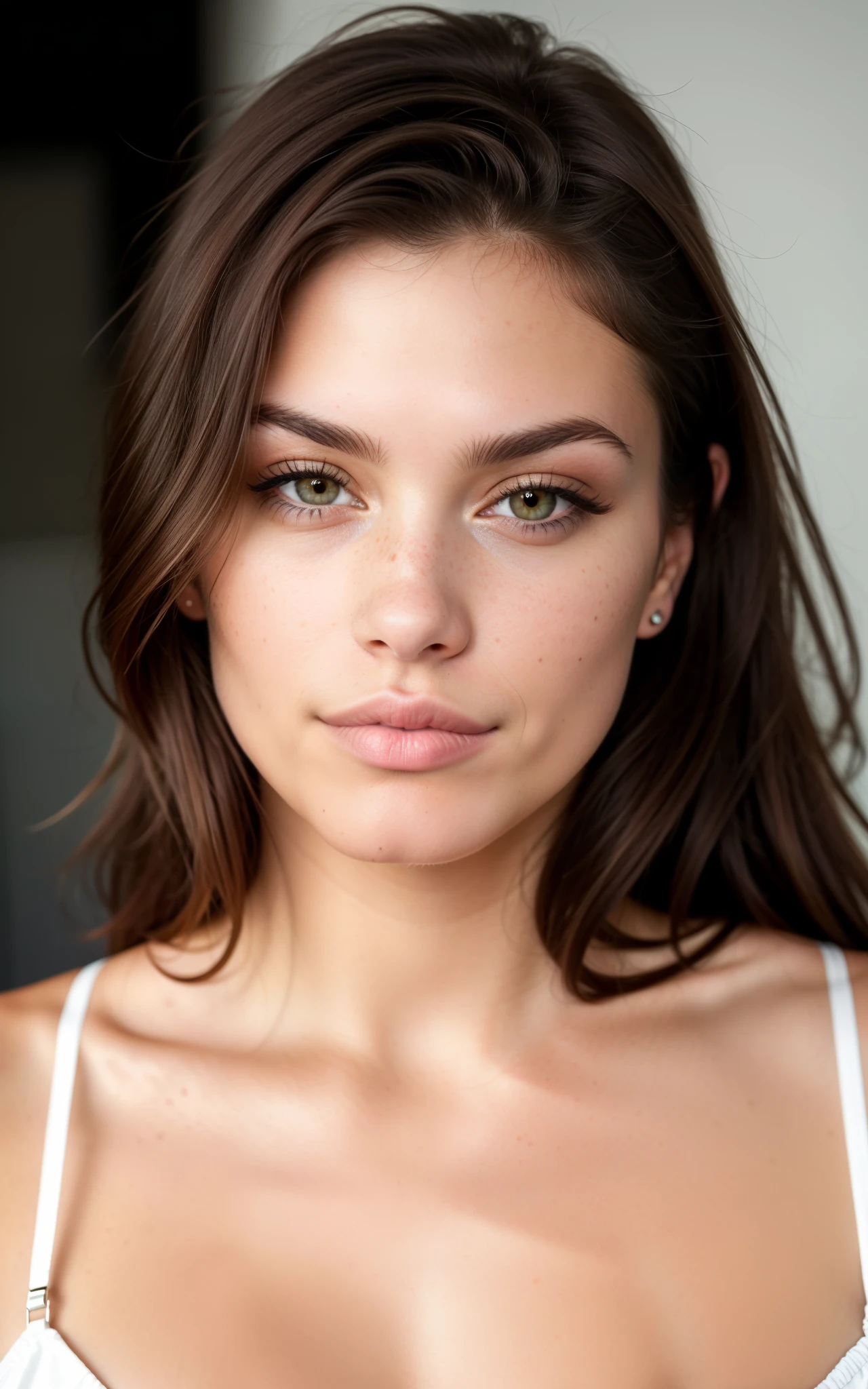 jolie belle brune, Brazilian, Face avant, Angle parfait, 23 ans, visage affectueux, cheveux long , yeux noisette, high resolution, masterpiece, Best quality, Details complexes, very detailed, Sharpness, texture de peau réaliste, detailed eyes, professionnel, 4k, shot with Canon, 85mm,faible profondeur de champ, Kodak Vision Couleur, eye shadow, Extremely detailed, photo_\(ultra\), photoRealistic, Realistic, Post-traitement, maximum detail, roughness, vrai vie, ultra Realistic, photorealism, la photographie, 8K UHD, la photographie, belle poitrine, freckles, 
