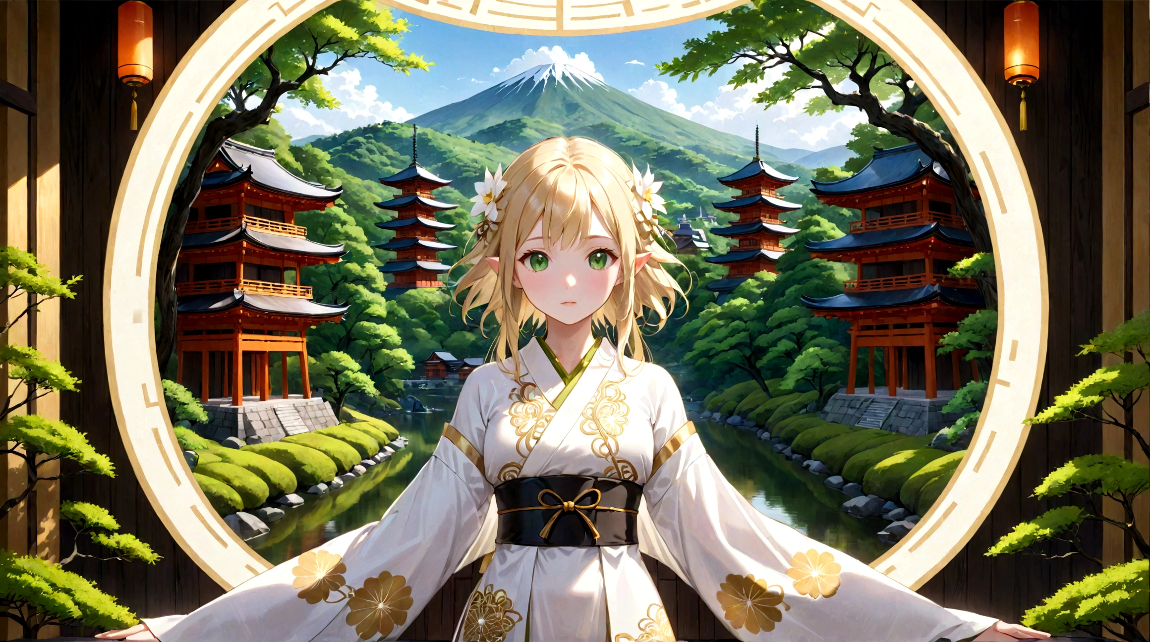 Japanese animation style、Beautiful blonde elf woman、In white clothes、Fantastic pattern of gold thread、Black band、Fresh green eyes、symmetry、Golden Ratio、Beautiful pattern at the hem、Beautiful scenery of Kyoto、high resolution、Amazingly detailed depiction、4k、128k、