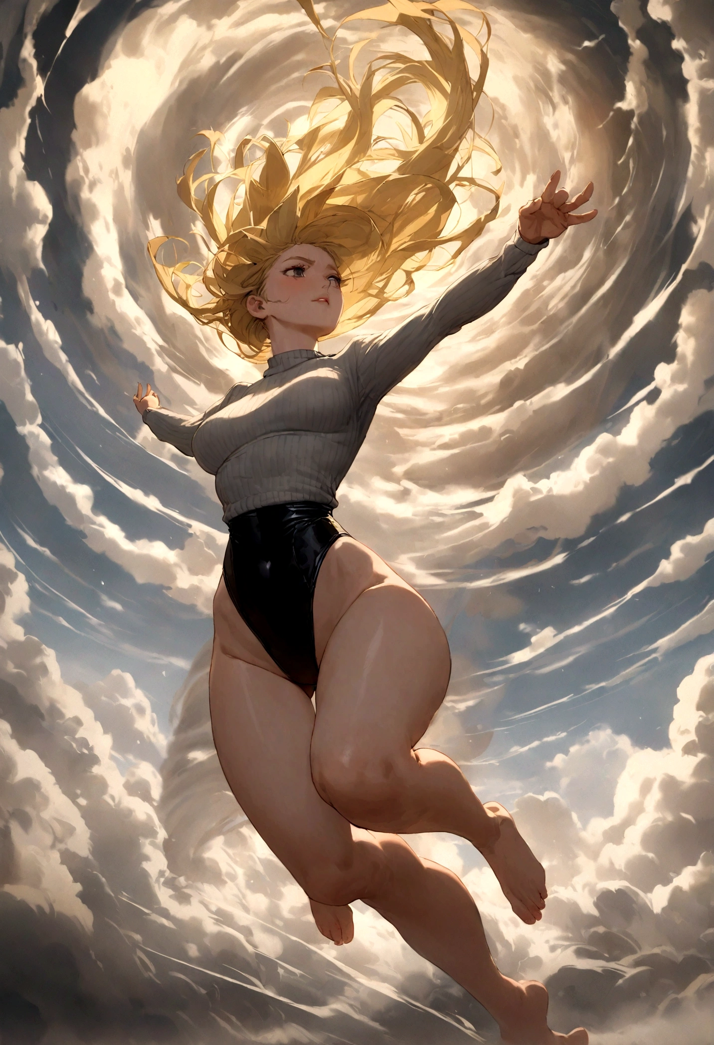 masterpiece, highest quality, sour, Grey sweater, Black leotard, Spin around, spin, Blonde Hair, Superhero, boots, tornado, Circlingwind, alone, barefoot, Circling, Wind effects, spinning into a tornado, fast spin, stand, time travel, Travel through time, High leg, Perfect hands, Perfect Fingers, High leg leotard, Power ups, tornado swirls