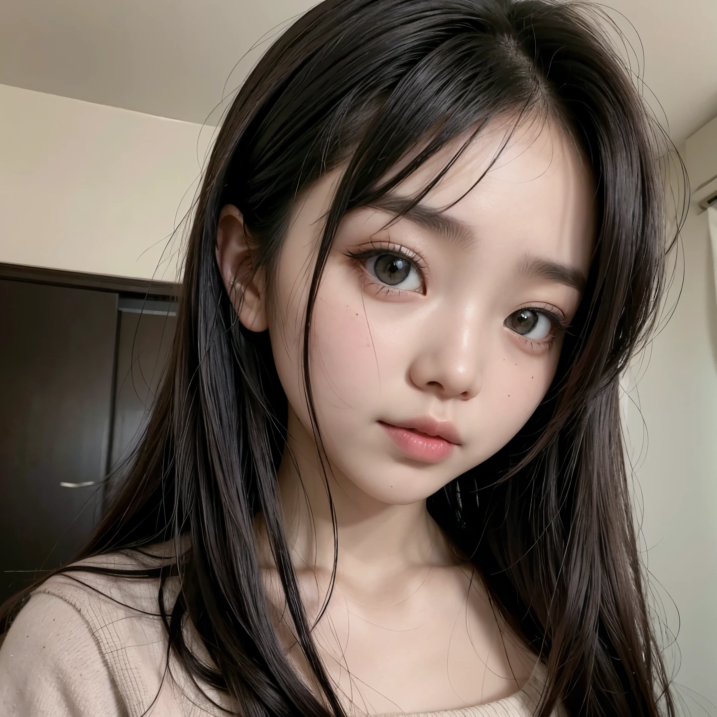 Raise a Thai and Korean girl,com olhos azuis,cabelo preto com mechas rosas e 92% d visual