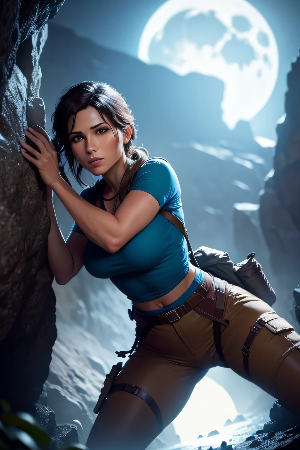 Picture of Lara Croft in a blue shirt and brown pants climbing a mountain in an underground cave. The scene is lit by the moon reflecting into the water. DLSR, sharp focus, soft lighting, masterpiece, perfect face, ultra detailed face, perfect brown eyes, beautiful face, photorealistic, 8k, masterpiece