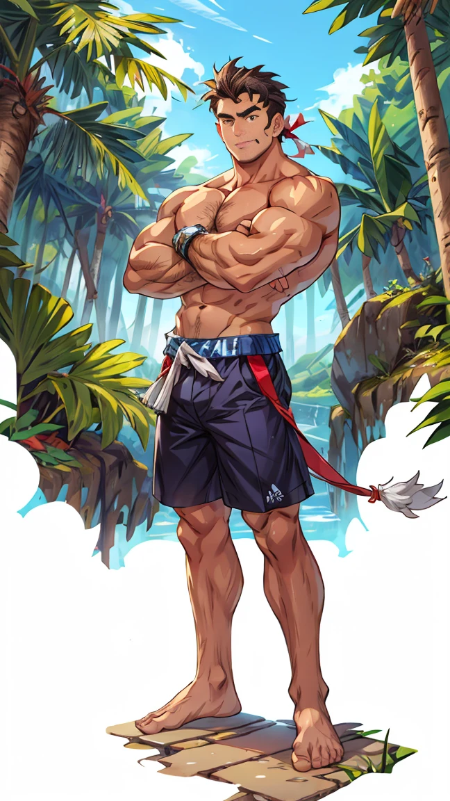 (canto da foto de baixo para cima) (imagem da mais alta qualidade) Lion man ,real, jovem, , vestindo shorts, virilha saliente, imagem de anime, Leaning against a tree, pernas bem abertas, male face, bonito rosto jovem, cabelo subcortado, huge muscle muscles of the chest, large strong thigh muscles, Biceps Sinewy muscles, Corpo enorme, corpo tonificado devido ao treinamento intenso, Well-developed muscles, ABS transparente de 8 embalagens, 3 metros de altura, topless, , pele brilhante, rede de suor pingando, hands on thighs, bare feet, Sem barba
