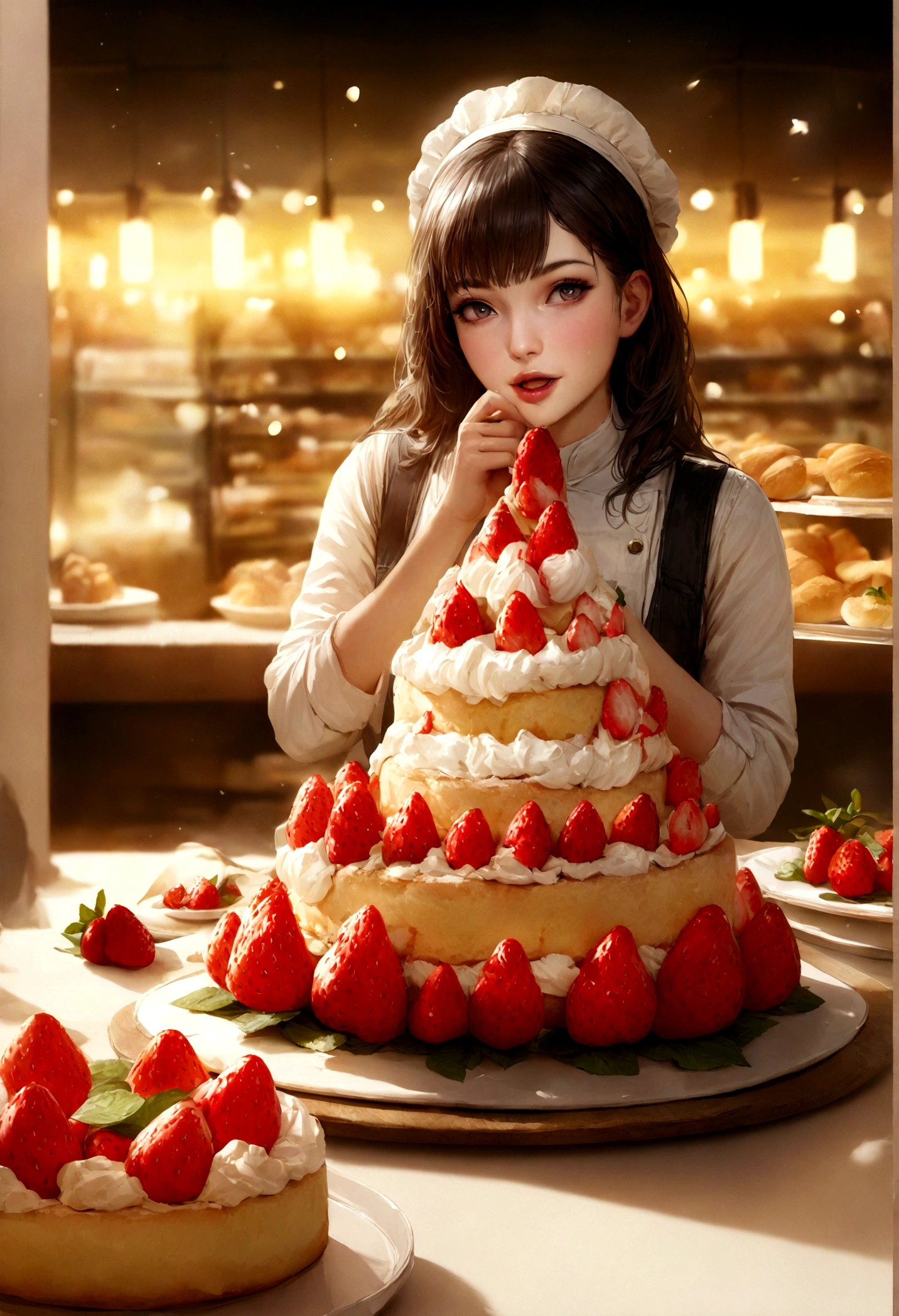 highest quality,4K,8k,High resolution,masterpiece:1.2,Super detailed,Realistic:1.37,strawberry,cake,dessert,delicious,attractive,sweet,Juicy,ripe,endless ripe strawberry,spongy cake layers,Fluffy whipped cream,Fresh mint leaves,Rich strawberry sauce,scrumptious dessert,Indulgence,celebration,chef's masterpiece,Bakery,Food Photography,Studio Lighting,Vibrant colors,Bokeh,Warm lighting