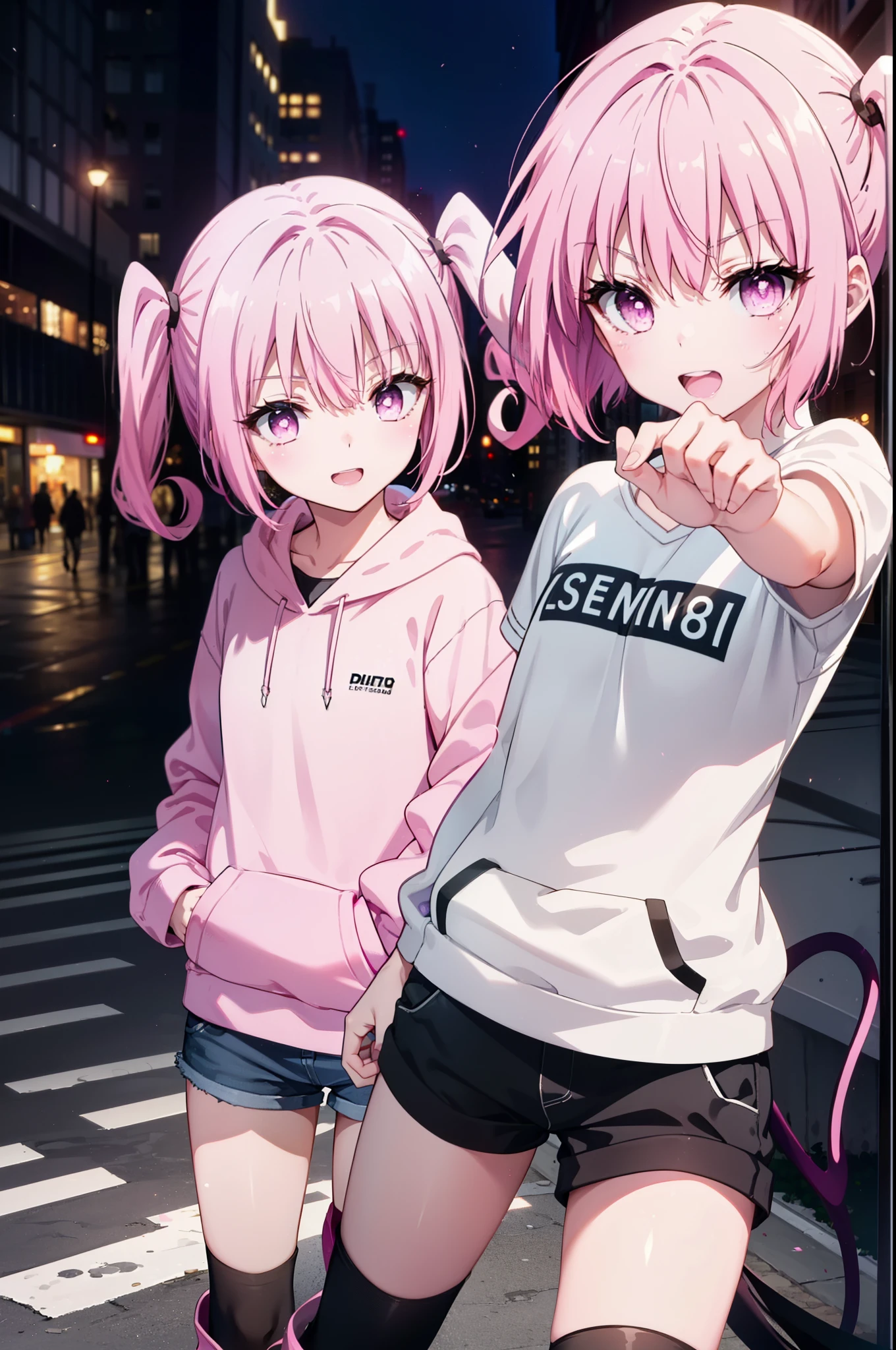  devil,  That deviluke, One Girl,teeth, Long Hair, (Pink Eyes:1.5), Pink Hair, tail, Twin tails, (Flat Chest:1.2),tail,happy smile, smile, Open your mouth,
break demon tail,  Oversized hoodie,Shorts,Black knee socks,short boots,walking,whole bodyがイラストに入るように,
break outdoors, city,construction area,
break looking at viewer, whole body,
break (masterpiece:1.2), highest quality, High resolution, unity 8k wallpaper, (shape:0.8), (beautiful detailed eyes:1.6), extremely detailed face, Perfect lighting, extremely detailed CG, (Perfect hands, Perfect Anatomy),
