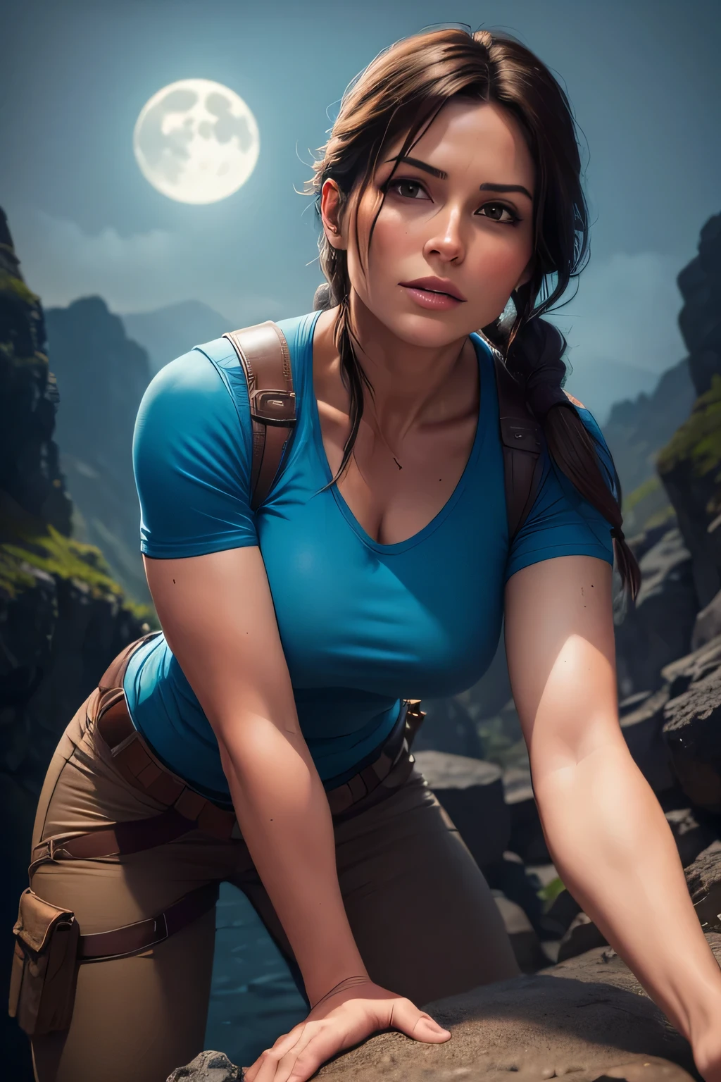 Picture of Lara Croft in a blue shirt and brown pants climbing a mountain in an underground cave. The scene is lit by the moon reflecting into the water. DLSR, sharp focus, soft lighting, masterpiece, perfect face, ultra detailed face, perfect brown eyes, beautiful face, photorealistic, 8k, masterpiece