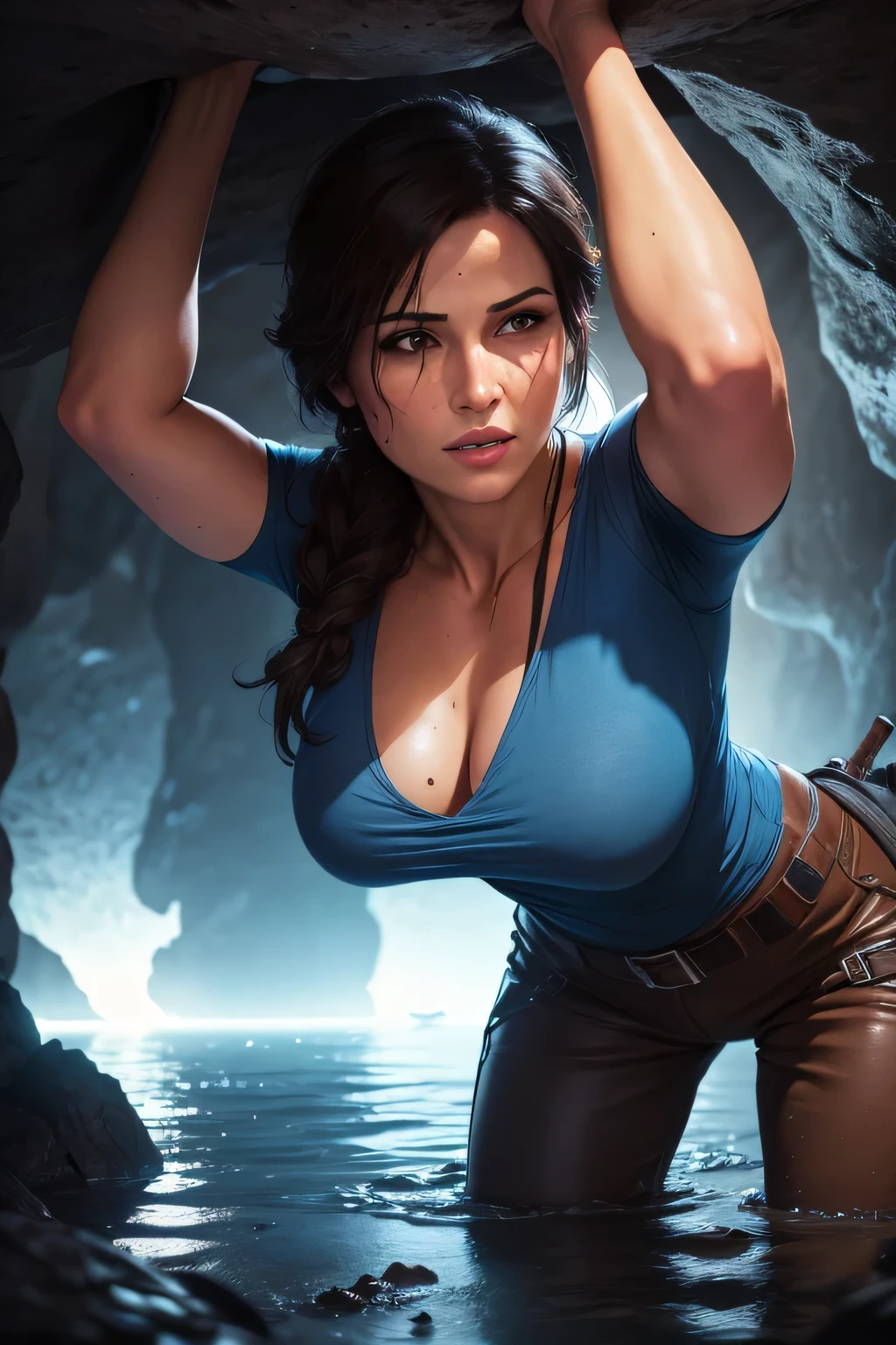 Picture of Lara Croft in a blue shirt and brown pants climbing a mountain in an underground cave. The scene is lit by the moon reflecting into the water. DLSR, sharp focus, soft lighting, masterpiece, perfect face, ultra detailed face, perfect brown eyes, beautiful face, photorealistic, 8k, masterpiece
