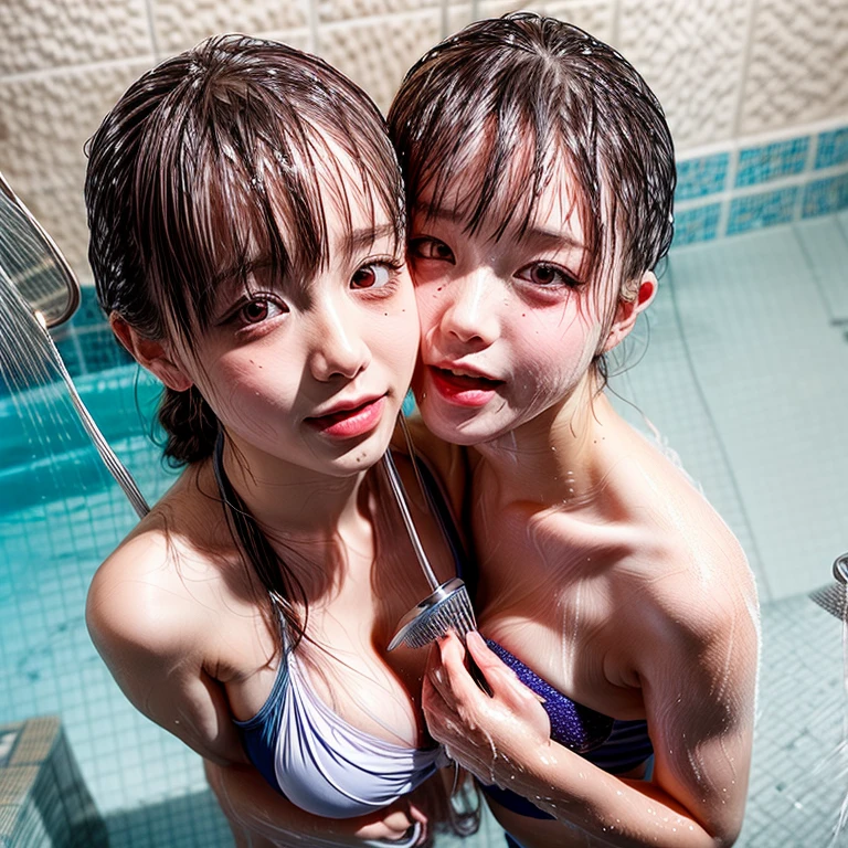 NSFW, (Snapshot of girls kissing face to face in an open shower room by the pool), Braid hair, With bangs, (School Swimwear), the body is covered with juice, White LiquidSoap, Sweating, be sweaty, Wet pearl skin, ((Wet swimsuit)), Perfect Lighting, Clear Focus, (bokeH:1.4), Roundly butts, { (Shower Water:1.6) | (Gigantic  Overflowing sideboob) | Butt cruck | (from above:1.4) }, hidden hands BREAK (NOGIZAKA girls)  ((Extremely Detailed very KAWAII face variations)), perfect anatomy, Childish, captivating gaze, elaborate detailed Eyes with (sparkling highlights:1.2), long eyelashes、Glossy RED Lips with beautiful details, Coquettish tongue, Rosy cheeks . { (Dynamic joyful expressions) | (:d) }, (no large eyes) . (close-up:1.28)