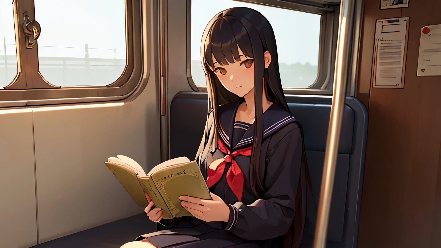 (masterpiece, highest quality:1.2), To Bartholomew, Cleanliness, (One girl, alone), (Long black hair, Straight hair, amount), Brown eyes, (serafuku, Sailor suit),Reading a book,riding a train