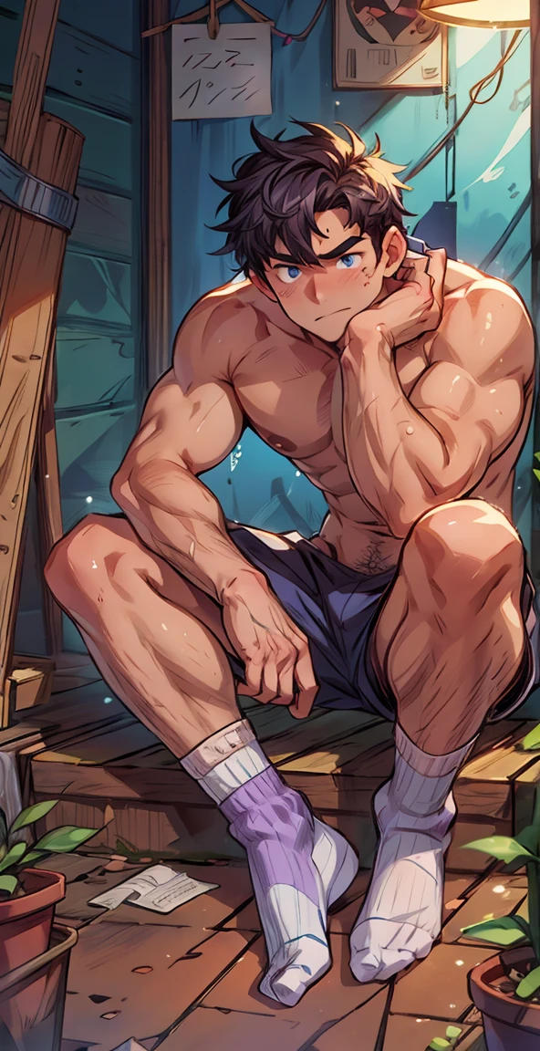 Slightly sideways,closeup of arms,Thick arms,(masterpiece,best quality,H),1 person,Nude boy,Very shy,My face turned red,Shy,muscular,Delicateeyes,nude,(nude),blue eyes,Shirtless,Body,Blue purple short hair,(fluorescent lamp),(Open your legs),((Blue Background)),Shorts with white stripes,White textured socks,(No shoes),Body covered with strong muscles,strong,Broad shoulders,(Sitting on the steps),(Place your hands on your thighs),