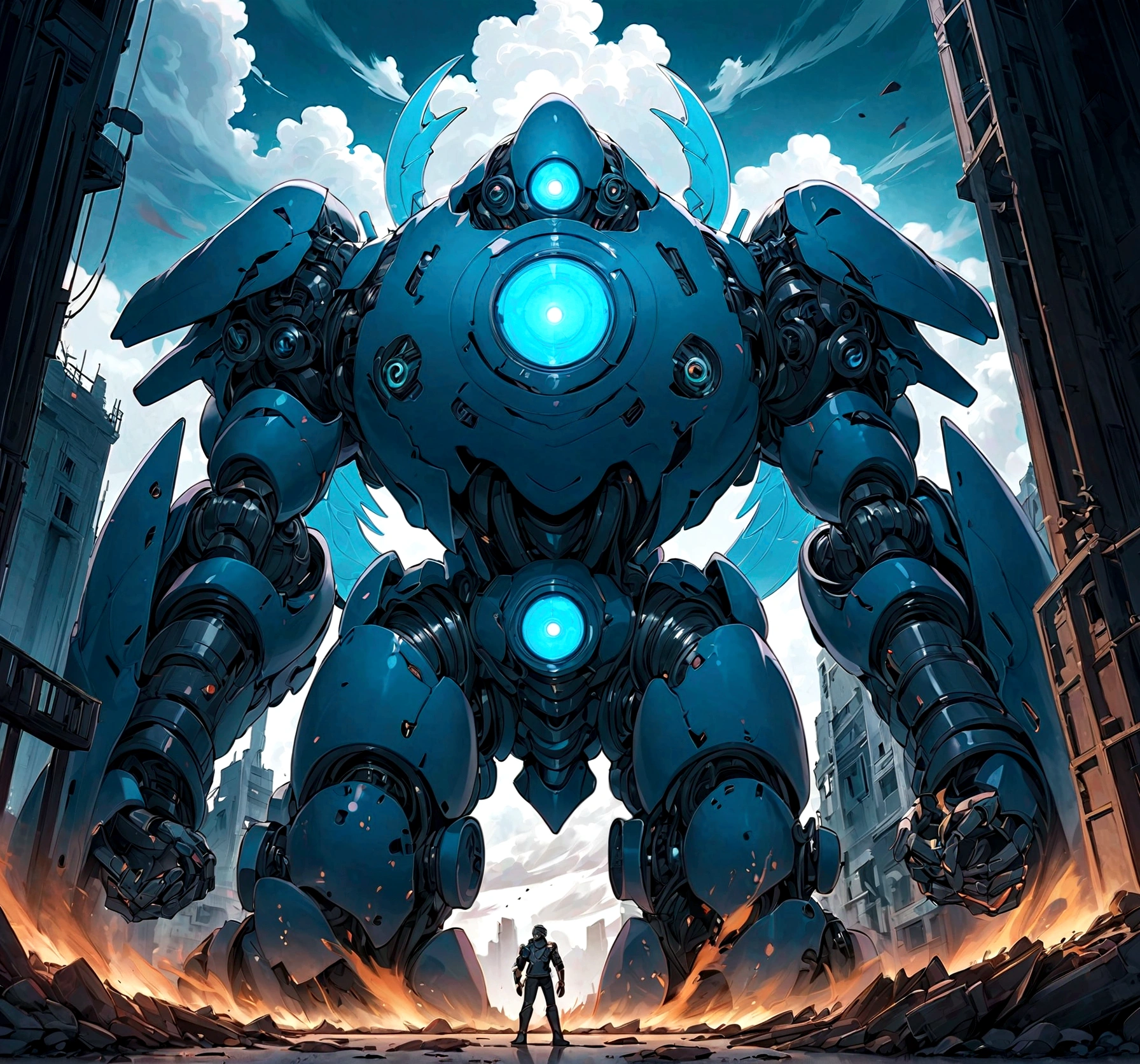 solo, super robot, Evil villains, giant robots that destroy the world, Turquoise blue main color, holy mecha with winds clouds, a Biotechnology mecha with face and glowing eyes, golem creature, dusty dark ruins as background, mecha vore art epic digital painting, epic full color illustration