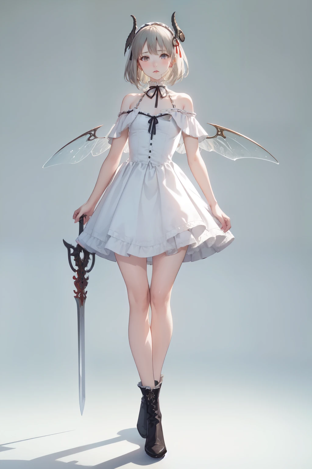  ((best quality)), ((masterpiece)), (detailed), 1girl, off-shoulder, Character design, female, long white grey hair, grey white eyes, small frame, very skinny, detailed, best quality, no accesoires around the neck, no shoes, prominent collarbones, skinny arms, flat stomach, visible hip bones, full body, blank white background, plain background, white background, red and white clothing, Bloodborne inspired, occult aesthetic, occult, detailed and intricate steampunk and detailed gothic, NSFW, Very dramatic and cinematic lighting, cosmic horror, grim-dark, side-lighting, perfect face, NSFW, Fluttering lace flared long knee length dress with frilly petticoats, knee length dress, pleated petticoats, petticoats gothic, complex lace boots, side-lighting, gothic lolita aesthetic, wielding a mighty sword with mechanical components, various different types of insect wings, NSFW, full body, whole body, body, plain background, white background, blank background, no background, white background NSFW, chains, full body, whole body, head-to-toe NSFW 