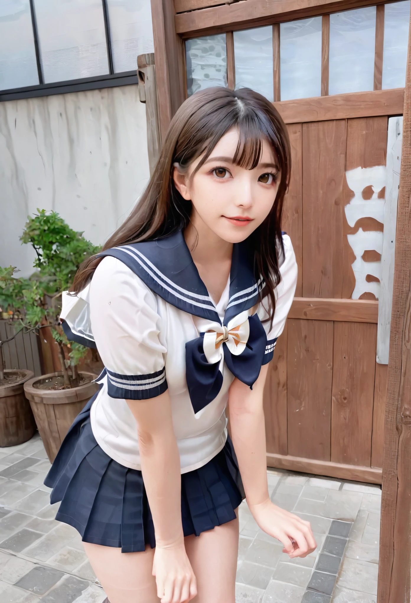 Cute Teenage Girls, Height: about 160cm, Brown eyes, (See through:1.5)Wear a sailor uniform,Wear a short skirt、コスプレWear a sailor uniform、 Long straight black hair, masterpiece, 最high quality, 超high quality, high quality, High resolution, ultla High resolution, Disorganized, 4k, 8K, 16k, Very detailed, Complex, Great shading, High Contrast, Realistic, photo Realistic, RAW Photos, photo shoot, Super detailed illustrations, shortening, Perfect Anatomy, Correct Anatomy, Perfect proportions, Perfect Face, Perfect hands, Perfect Legs, Perfect Fingers