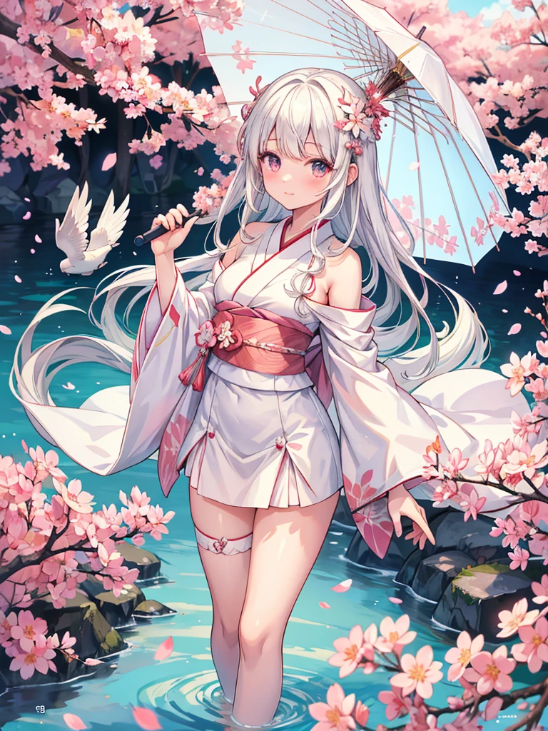 anime girl in white dress with umbrella and leaves in water, an anime drawing inspired by Nishikawa Sukenobu, pixiv contest winner, hurufiyya, anime goddess, white haired deity, sakura kinomoto, shikamimi, in kimono, autumnal empress, flowing white robes, ecchi anime style, sakura petals around her, anime barbie in white stockings