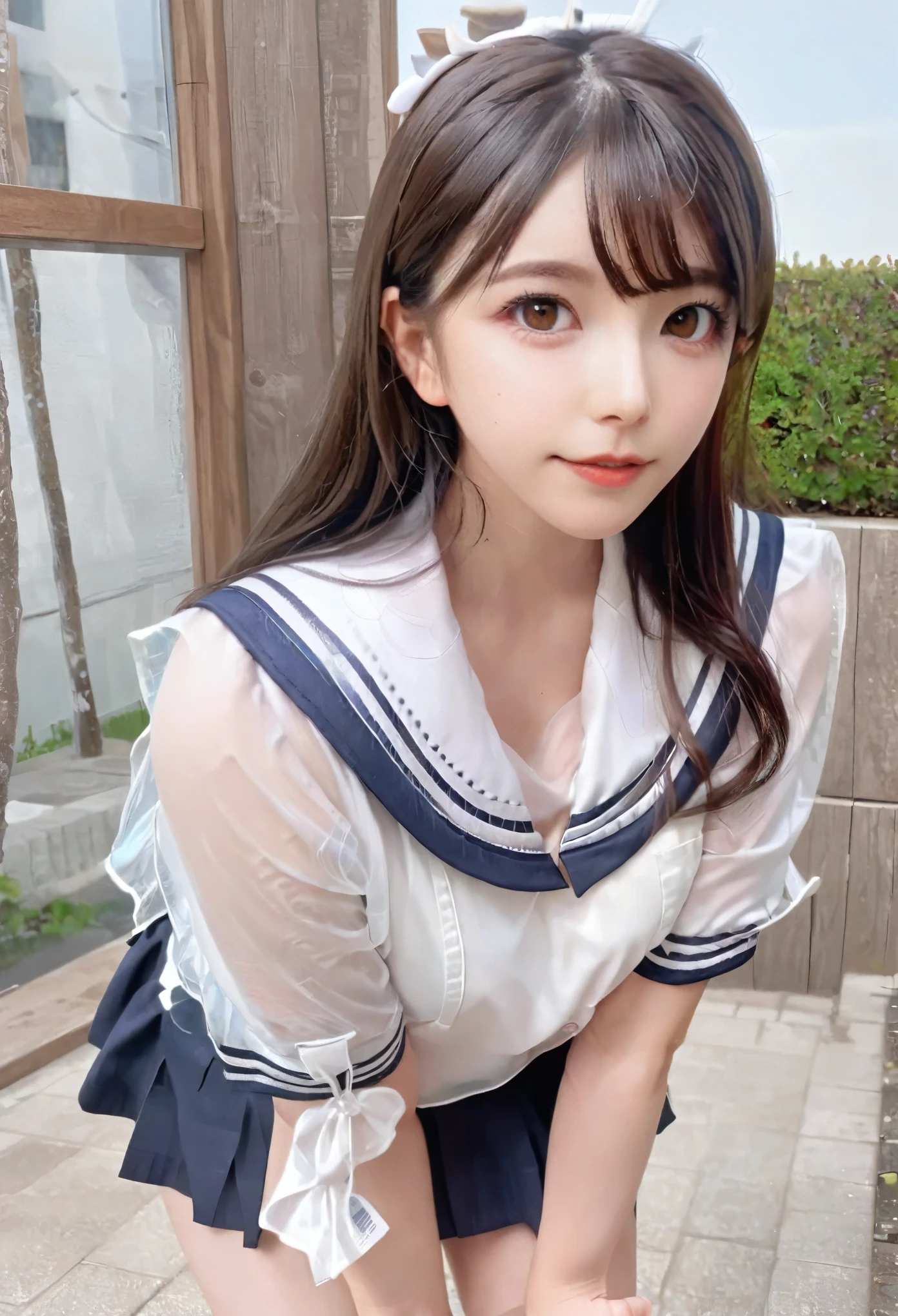 Cute  Girls, Height: about 160cm, Brown eyes, (See through:1.5)Wear a sailor uniform,Wear a short skirt、コスプレWear a sailor uniform、 Long straight black hair, masterpiece, 最high quality, 超high quality, high quality, High resolution, ultla High resolution, Disorganized, 4k, 8K, 16k, Very detailed, Complex, Great shading, High Contrast, Realistic, photo Realistic, RAW Photos, photo shoot, Super detailed illustrations, shortening, Perfect Anatomy, Correct Anatomy, Perfect proportions, Perfect Face, Perfect hands, Perfect Legs, Perfect Fingers