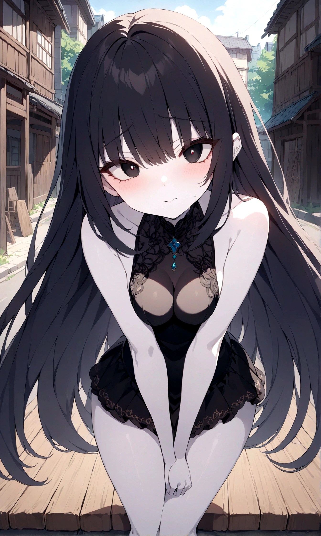 1 hyena woman, hyena ears, hyena tail, long wavy black hair, perfect eyes, black eyes, fangs, serious face, black and white jumpsuit, long grey stockings, black boots, big breasts, big ass, jungle background