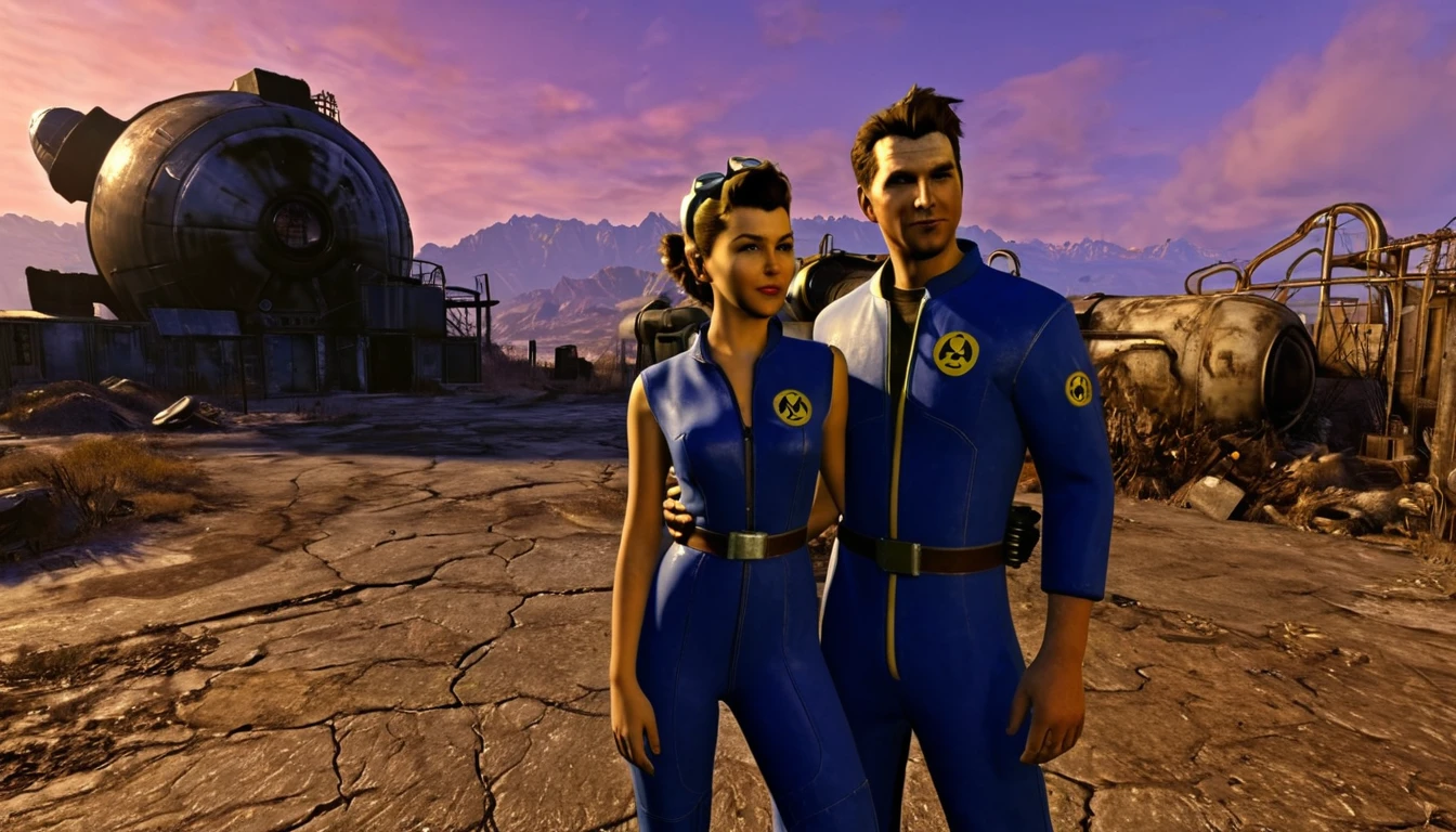 1 man and 1 woman, expressive eyes, wink, in fallout Vault-Tec jumpsuit with pip-boy 3000 , cool pose, wasteland in sunset and nuclear bomb explosion in background, detail richness, masterpiece, best quality, fallout style