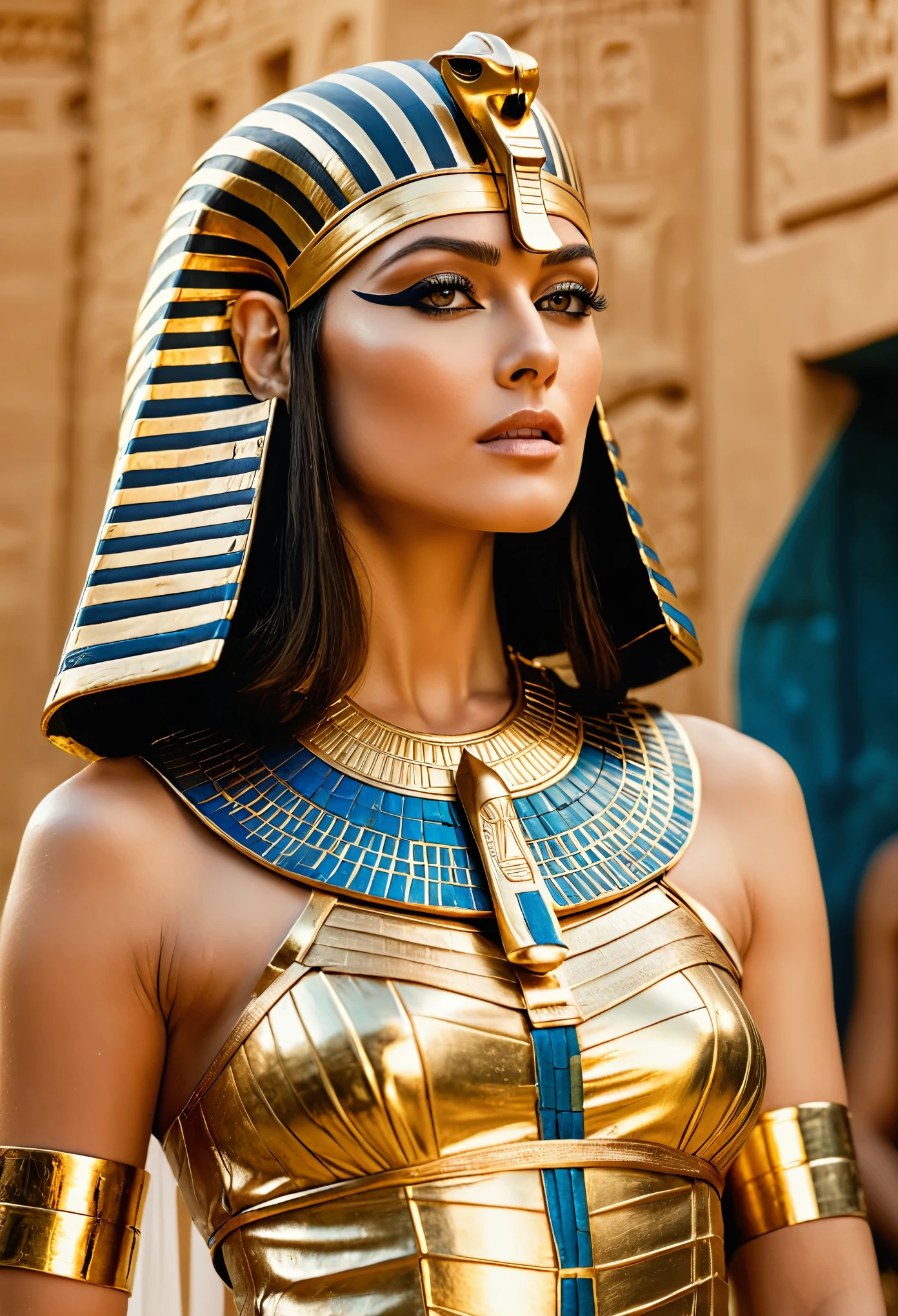 Cinematic portrait, professional cinematography, looks like Keira Knightley, a close up of a pharaoh woman in a gold outfit with an egyptian mask, beautiful cleopatra, insane details, egyptian princess, cinematic goddess close shot, cleopatra, extremely beautiful lady, cinematic goddess body shot, cleopatra portrait, goddess, stunning beauty, extremely high detail, egyptian, cleopatra in her palace, cinematic goddess shot, egyptian style, extremely detailed goddess shot, beautiful Egyptian goddess, gorgeous and beautiful pharaoh, portrait of cleopatra, uhd, 8k, 32k, sharp, intricate, highly detailed, detailed Beauty,hdr, cinematic vision, flawless picture, ancient Egypt environment in background 