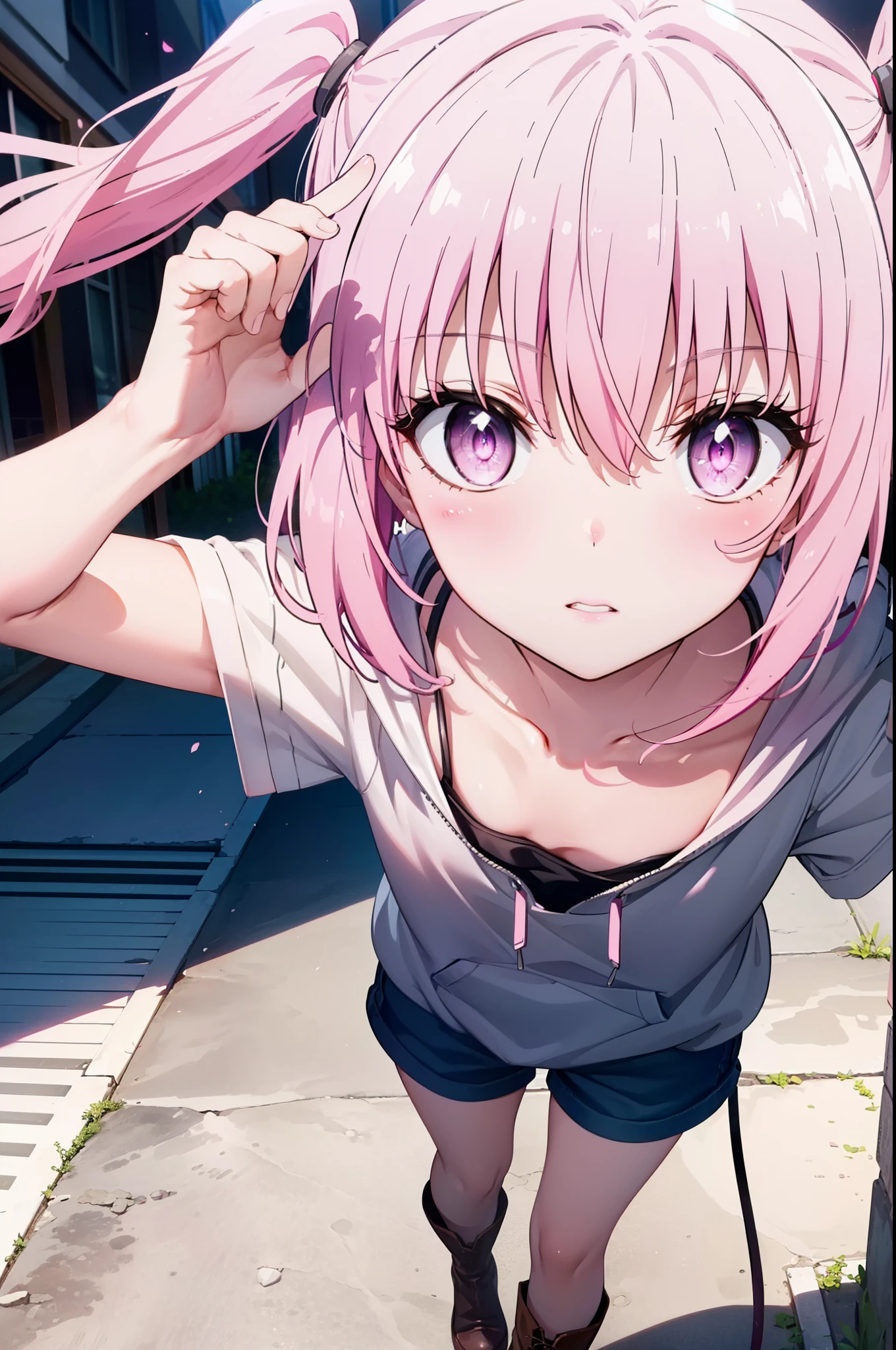 Nana Devil,  That Deviluke, tooth, Long Hair, (Pink Eyes:1.5), Pink Hair, tail, twintails, (Flat Chest:1.2),
Oversized hoodie,Shorts,Black knee socks,short boots,whole bodyがイラストに入るように,walking,
break outdoors, ビル街
break looking at viewer, whole body,
break (masterpiece:1.2), highest quality, High resolution, unity 8k wallpaper, (figure:0.8), (beautiful detailed eyes:1.6), extremely detailed face, Perfect lighting, extremely detailed CG, (Perfect hands, Perfect Anatomy),