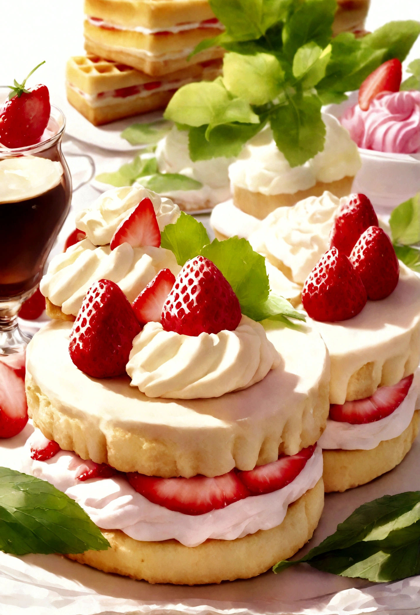 (pastel colour:1.2)、(Cute illustrations:1.2)、(Watercolor:1.2)、White Background、Floral、Green leaves、strawberry, fruit、Shortcake、citric acid、acid、甘acidっぱい、pale pinkish green throughout,,、waffle、bread、cooking、cupcake、tiramisu、Cream cake、Confectionery、high tea、sweet、Particles of light、drink、ice cube、still life photography