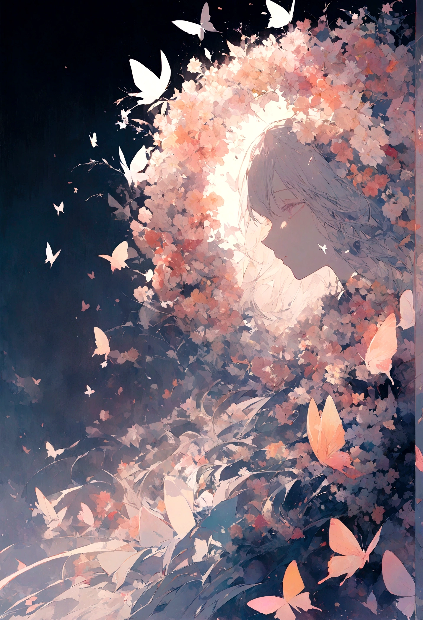 The foreground is a dreamer, highlighting lines and minimalist style in the state of white transparent gauze; The background features flowing flower wreaths, butterflies, and small celestial bodies, using an abstract sci-fi style Moranti color scheme